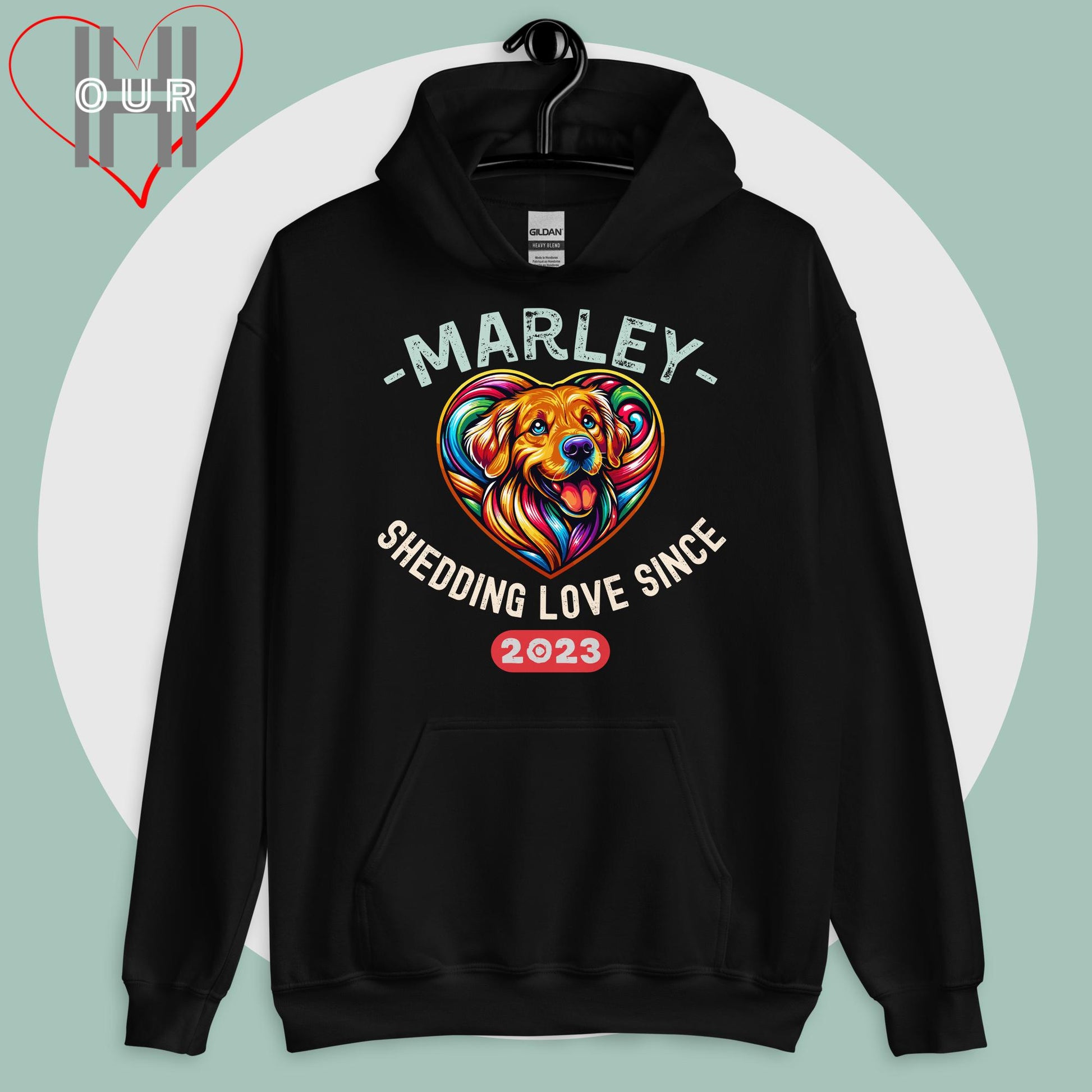 Custom Golden Retriever black hoodie featuring vibrant Golden Retriever art, personalized with your dog's name and the year you met.