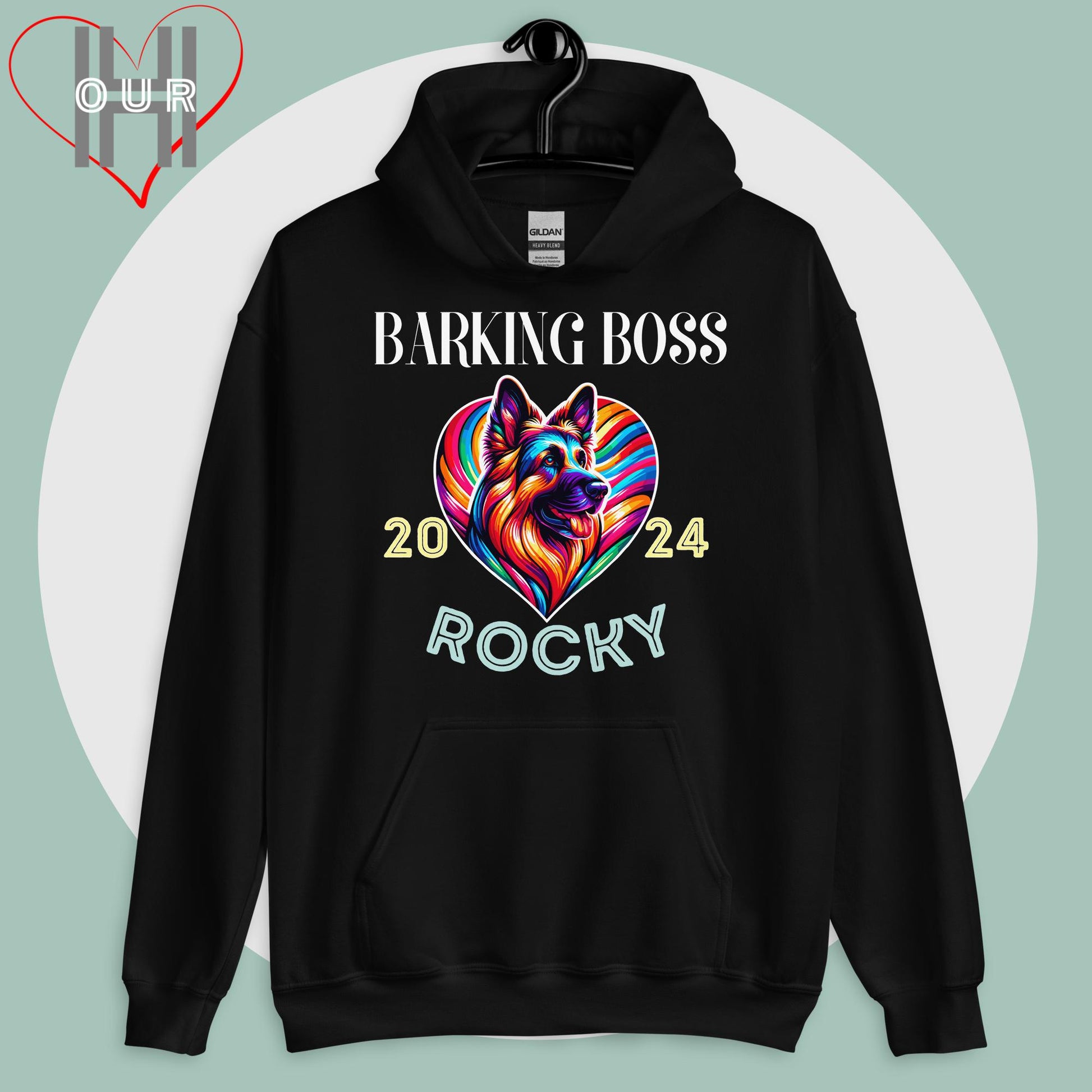 Custom GSD black hoodie featuring vibrant German Shepherd Dog art, personalized with your dog's name and the year you met.