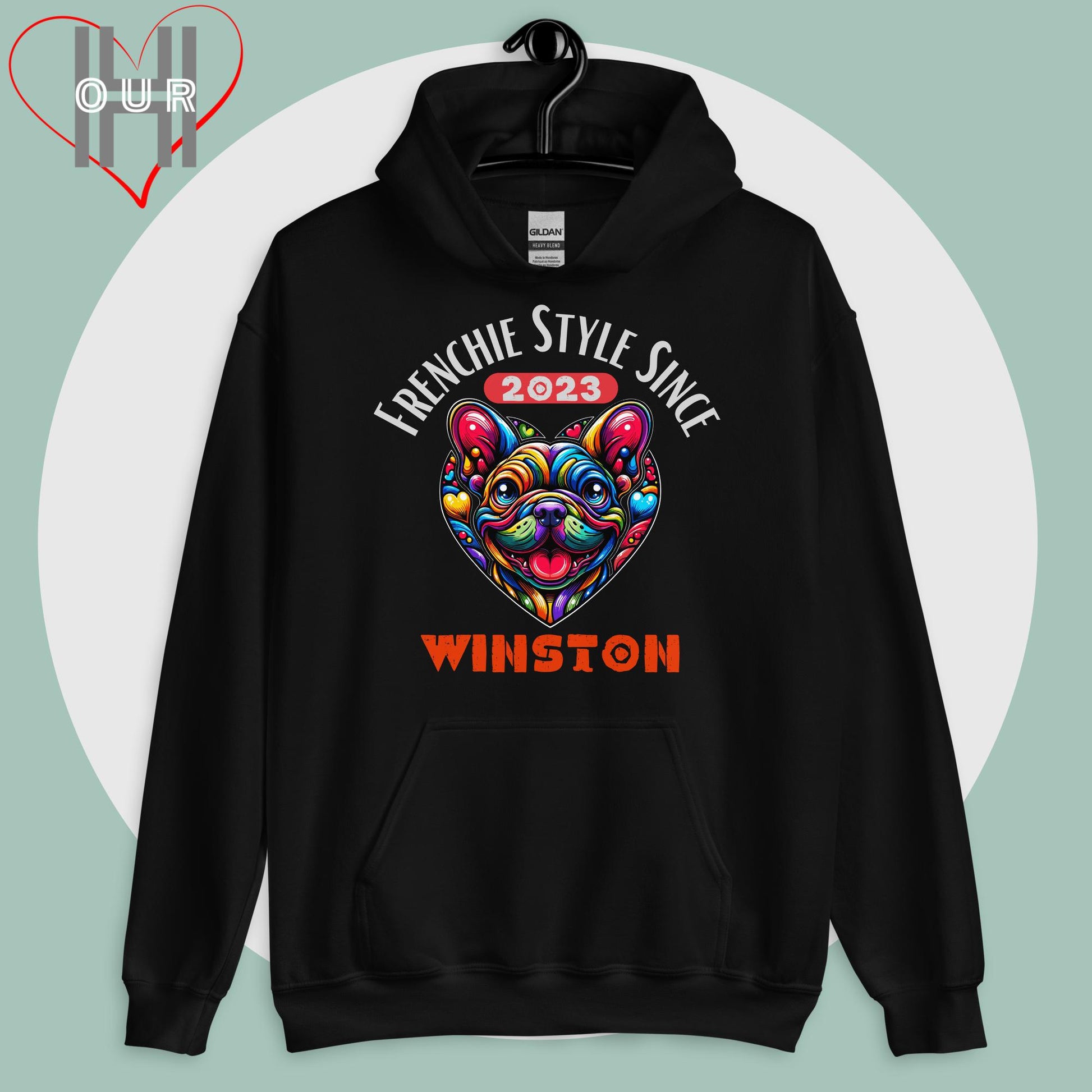 Custom French Bulldog black hoodie featuring vibrant French Bulldog art, personalized with your dog's name and the year you met.