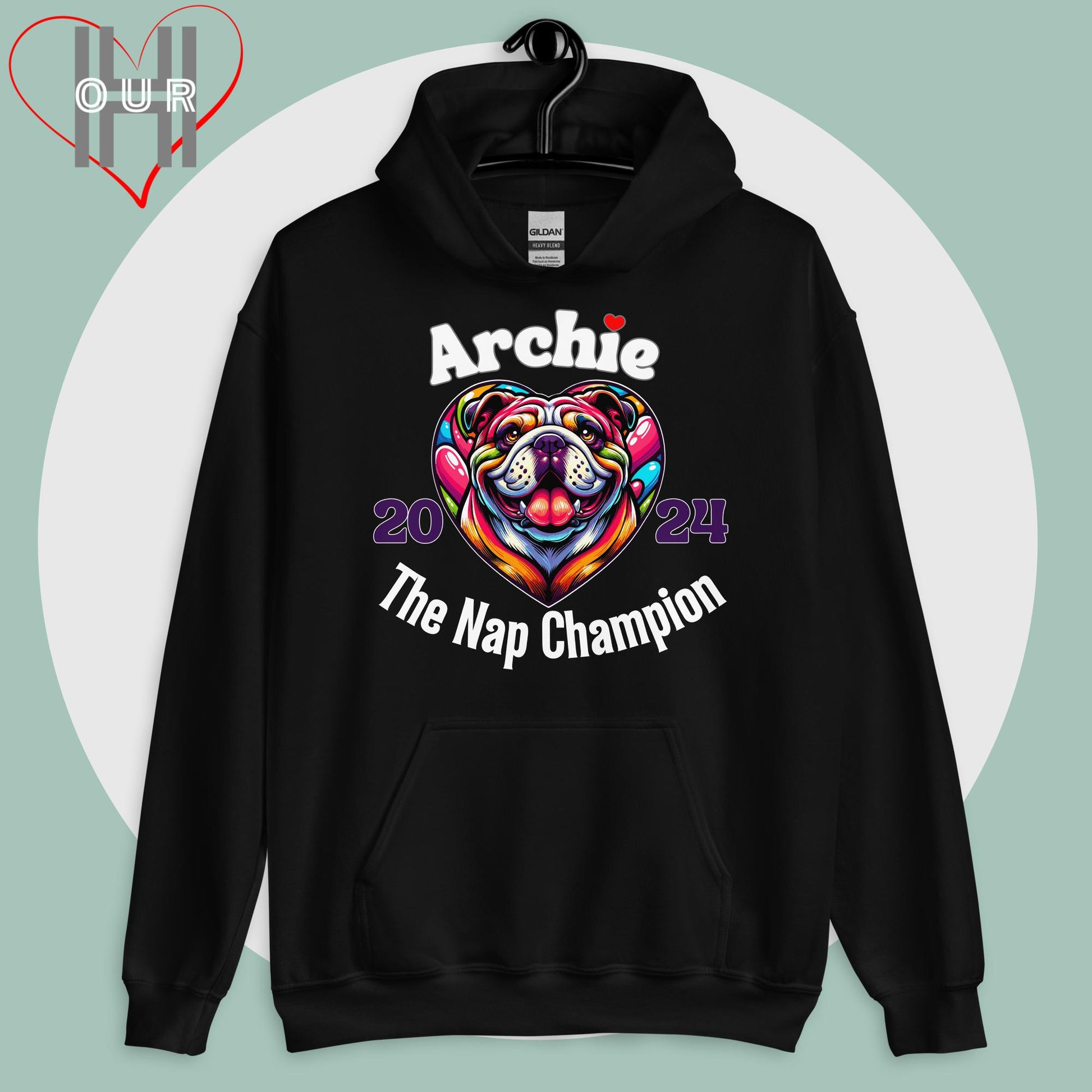 Custom English Bulldog black hoodie featuring vibrant English Bulldog art, personalized with your dog's name and the year you met.