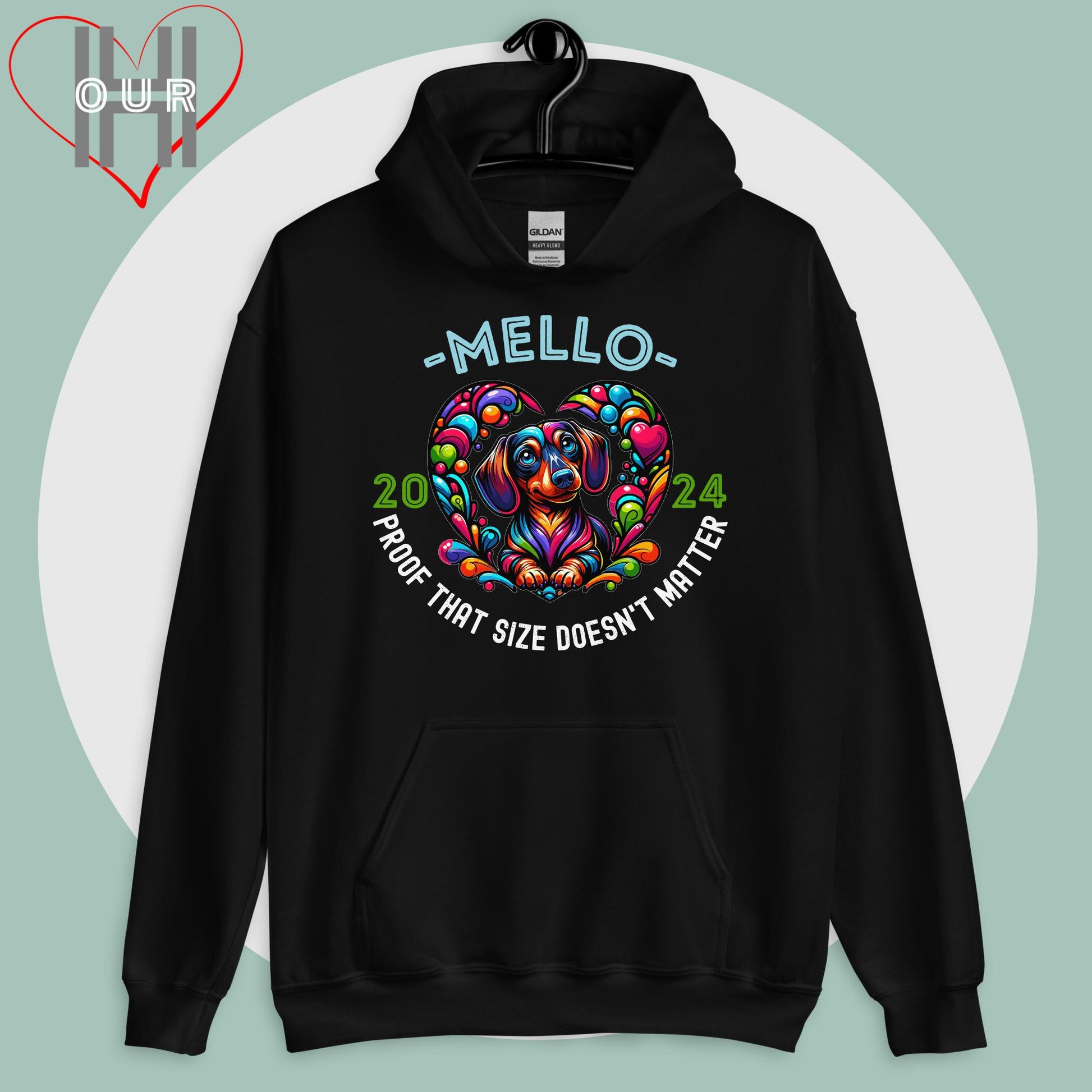 Custom Dachshund black hoodie featuring vibrant Dachshund art, personalized with your dog's name and the year you met.