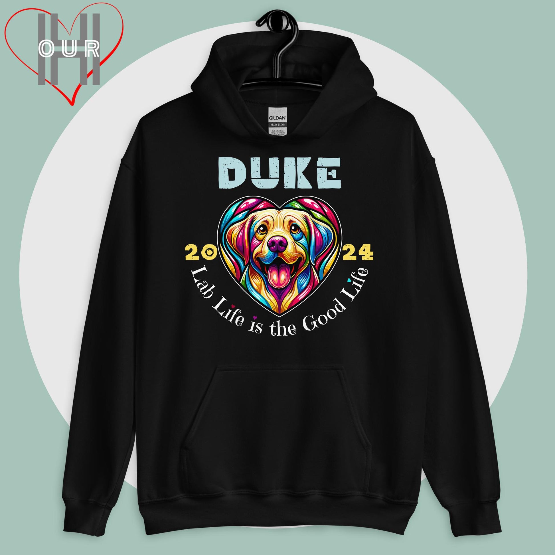 Custom Labrador black hoodie featuring vibrant Labrador art, personalized with your dog's name and the year you met.