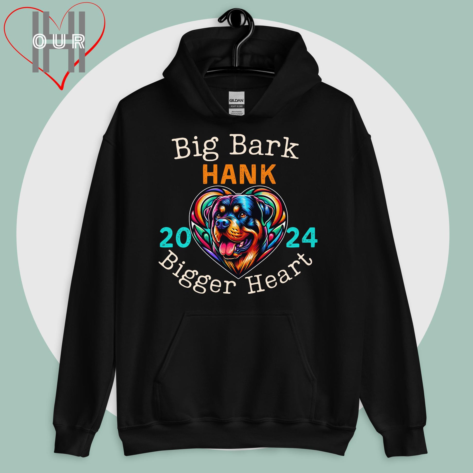 Custom Rottweiler black hoodie featuring vibrant Rottweiler art, personalized with your dog's name and the year you met.