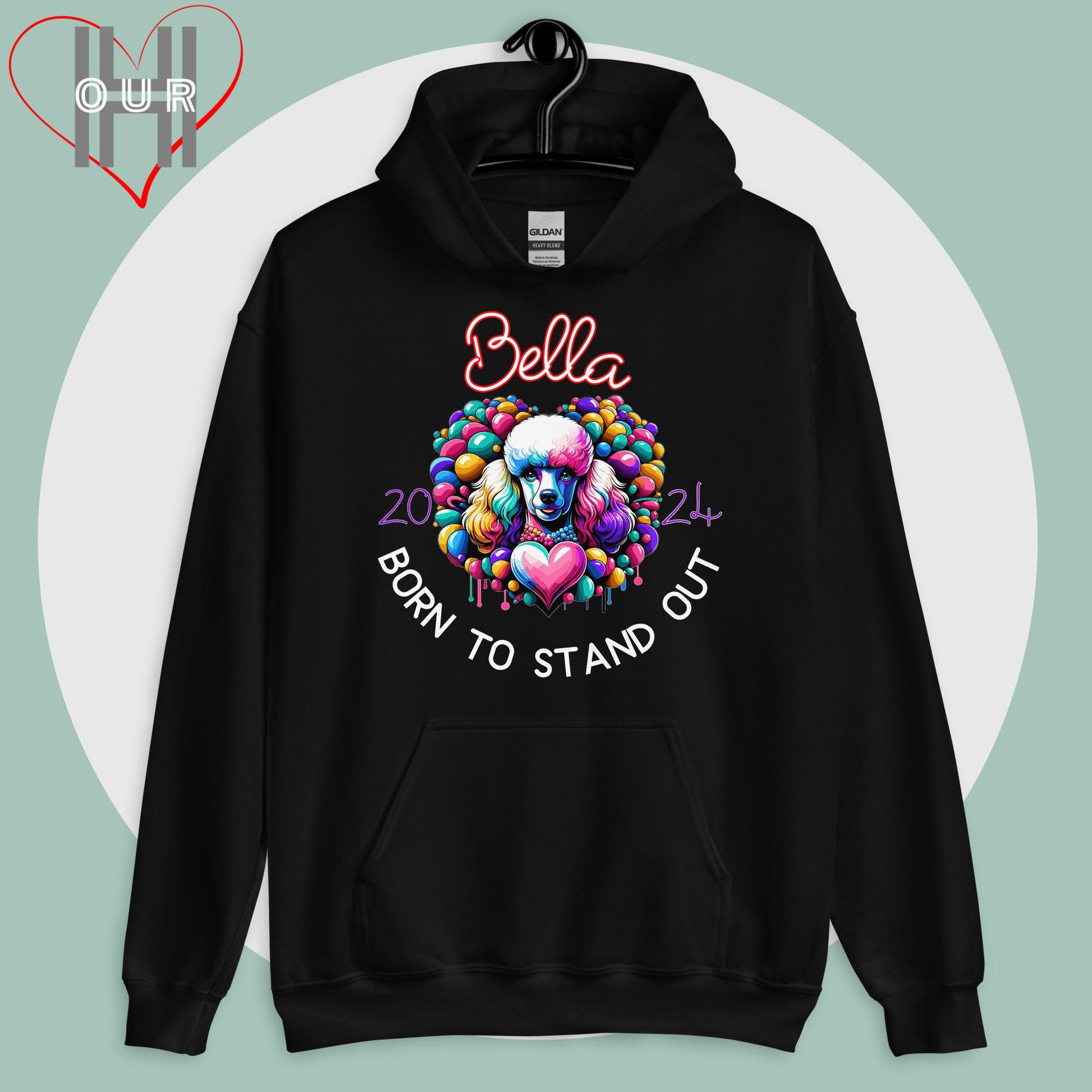 Custom Poodle black hoodie featuring vibrant Poodle art, personalized with your dog's name and the year you met.