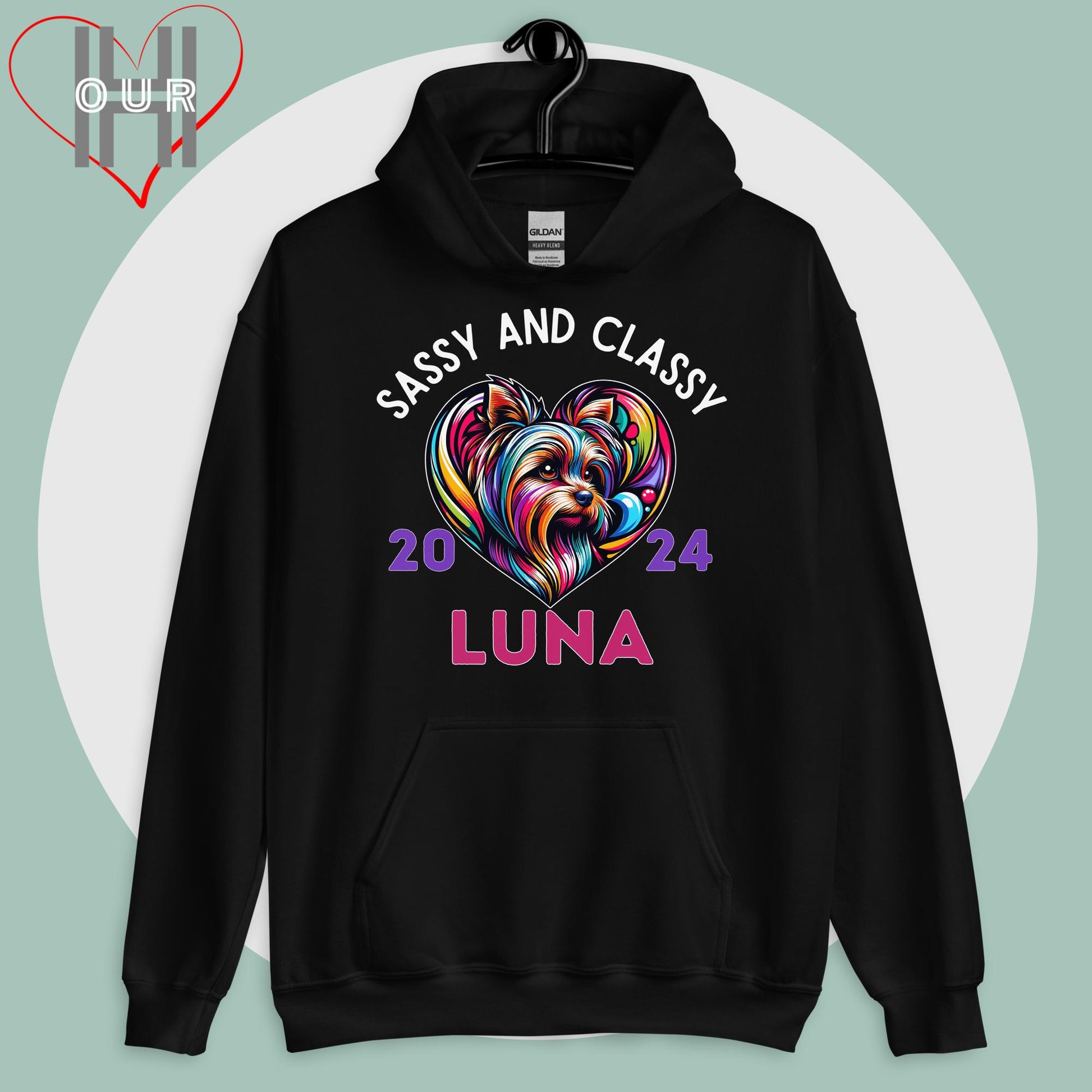 Custom Yorkie black hoodie featuring vibrant Yorkie art, personalized with your dog's name and the year you met.