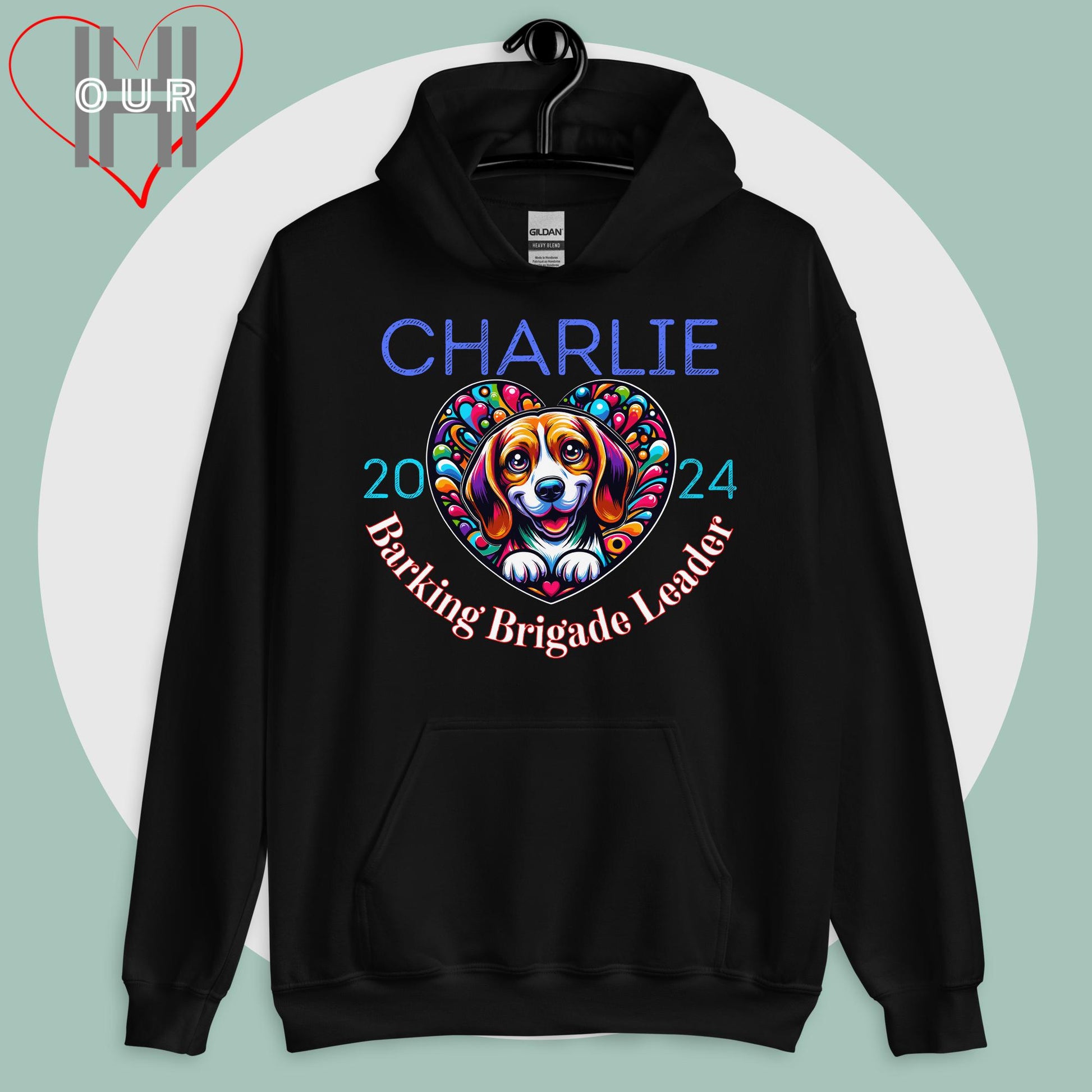 Custom Beagle black hoodie featuring vibrant Beagle art, personalized with your dog's name and the year you met.