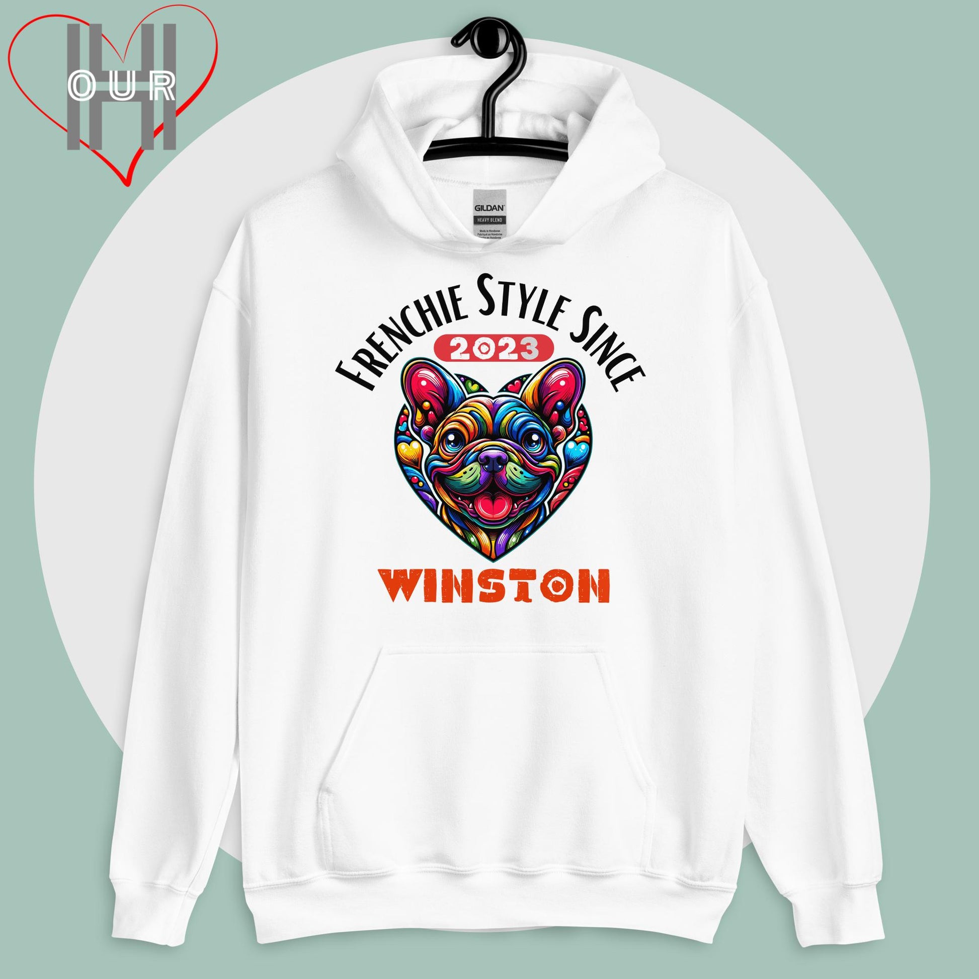 Custom French Bulldog white hoodie featuring vibrant French Bulldog art, personalized with your dog's name and the year you met.