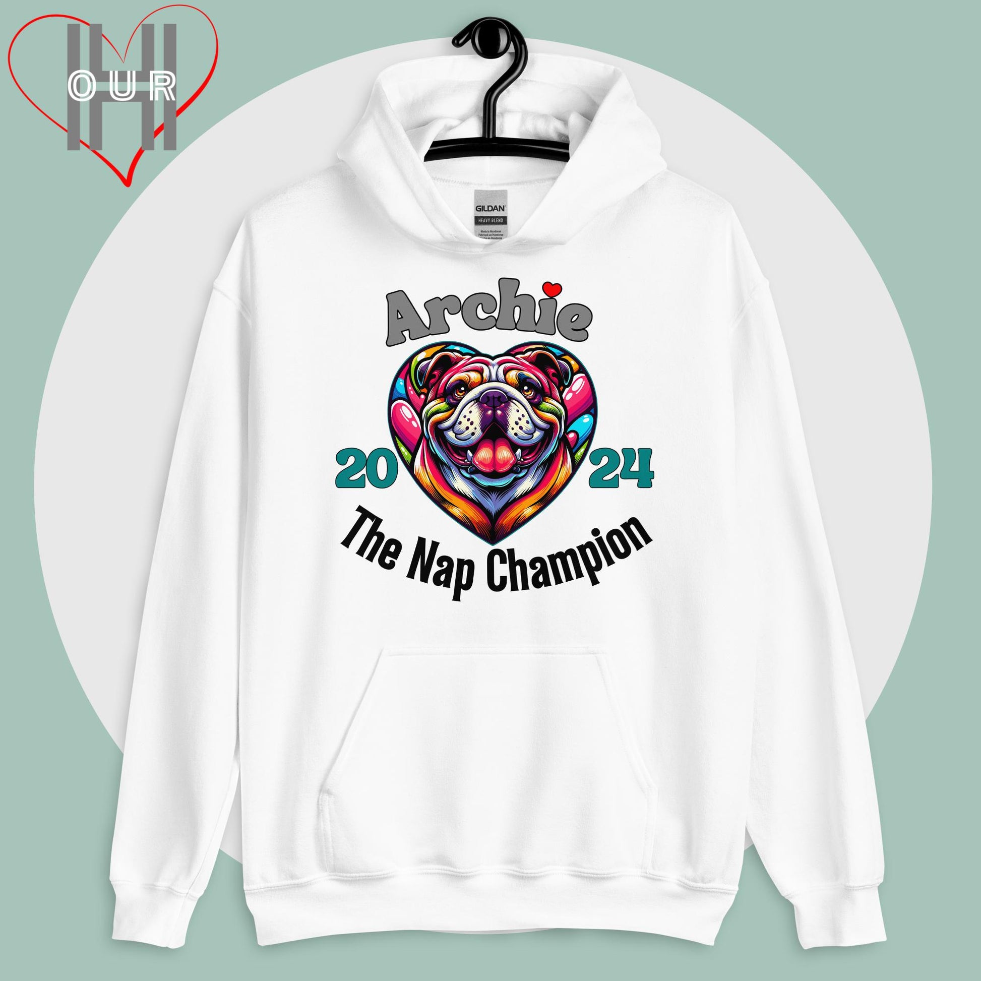 Custom English Bulldog white hoodie featuring vibrant English Bulldog art, personalized with your dog's name and the year you met.