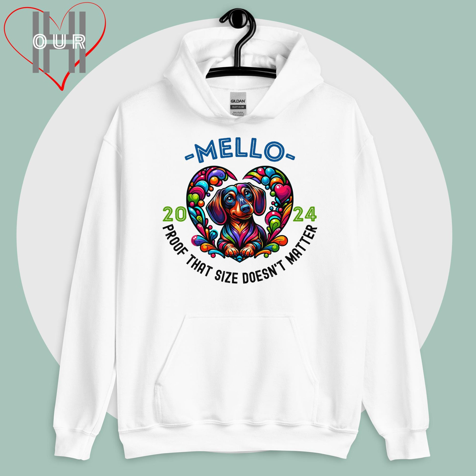 Custom Dachshund white hoodie featuring vibrant Dachshund art, personalized with your dog's name and the year you met.