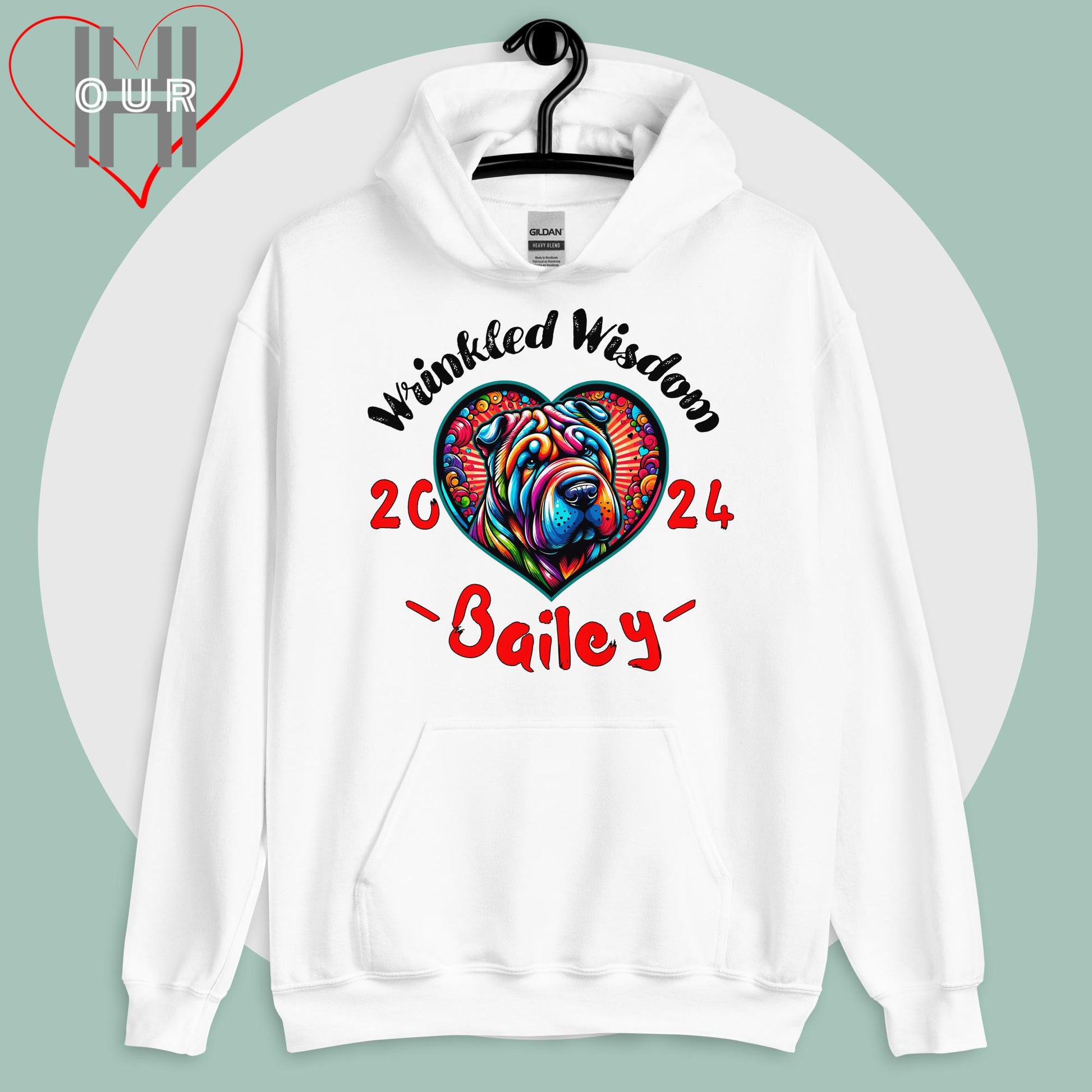 Custom Shar-Pei white hoodie featuring vibrant Shar-Pei art, personalized with your dog's name and the year you met.