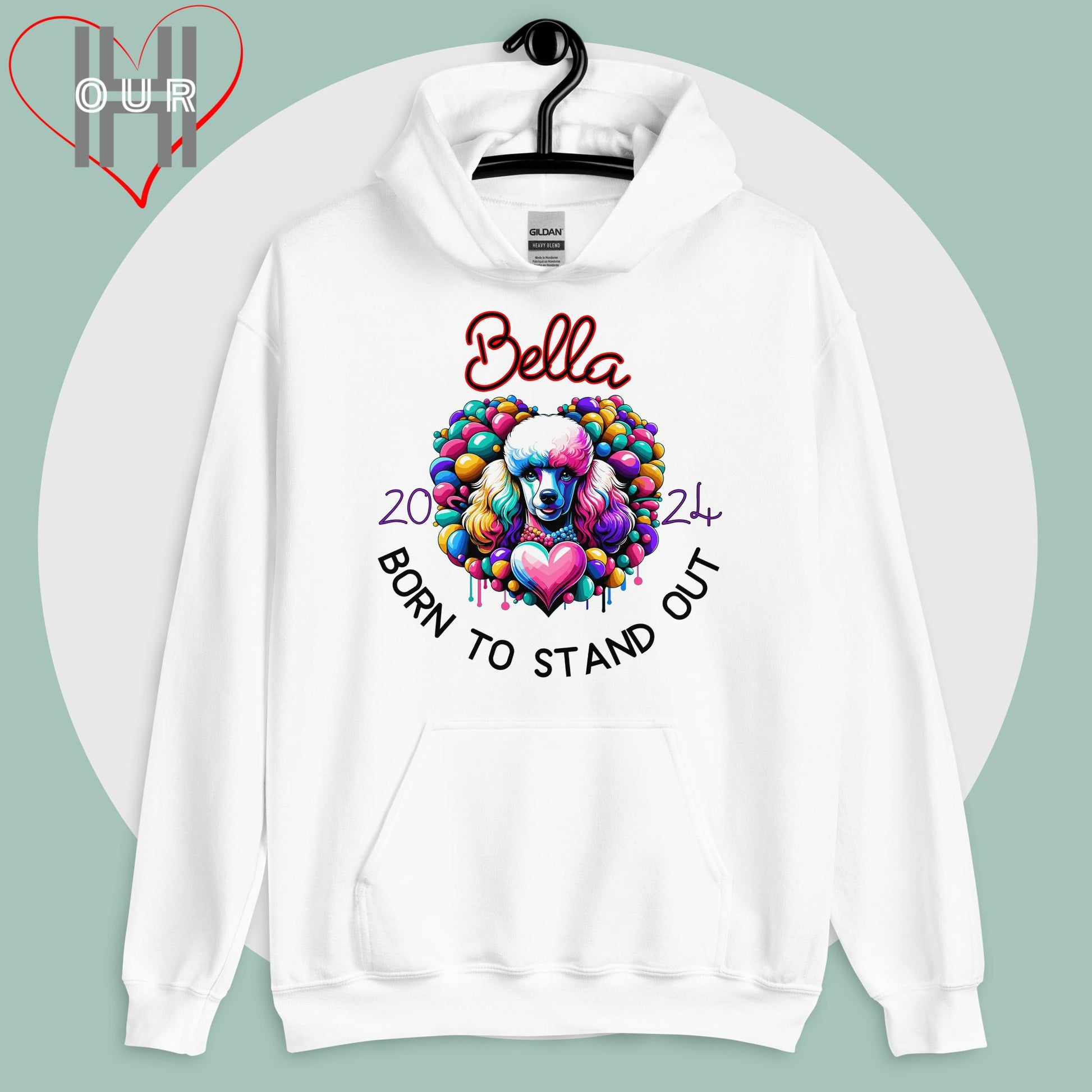 Custom Poodle white hoodie featuring vibrant Poodle art, personalized with your dog's name and the year you met.