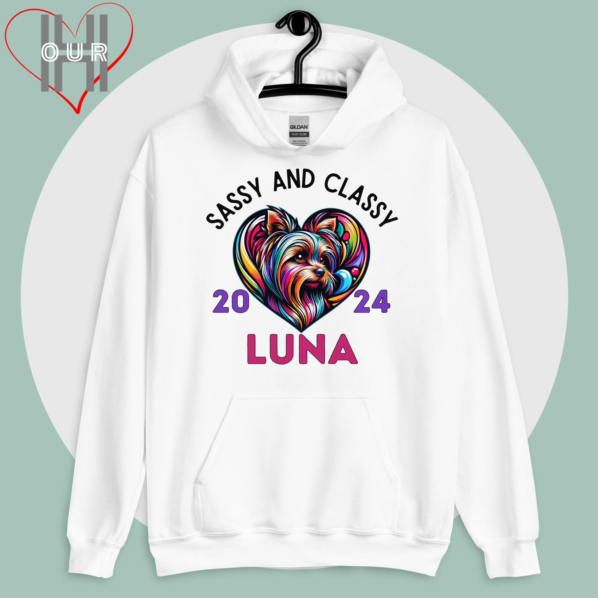 Custom Yorkie white hoodie featuring vibrant Yorkie art, personalized with your dog's name and the year you met.