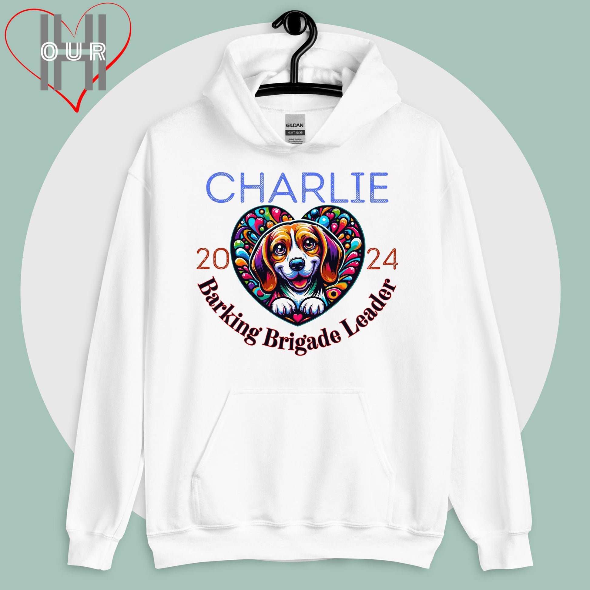 Custom Beagle white hoodie featuring vibrant Beagle art, personalized with your dog's name and the year you met.