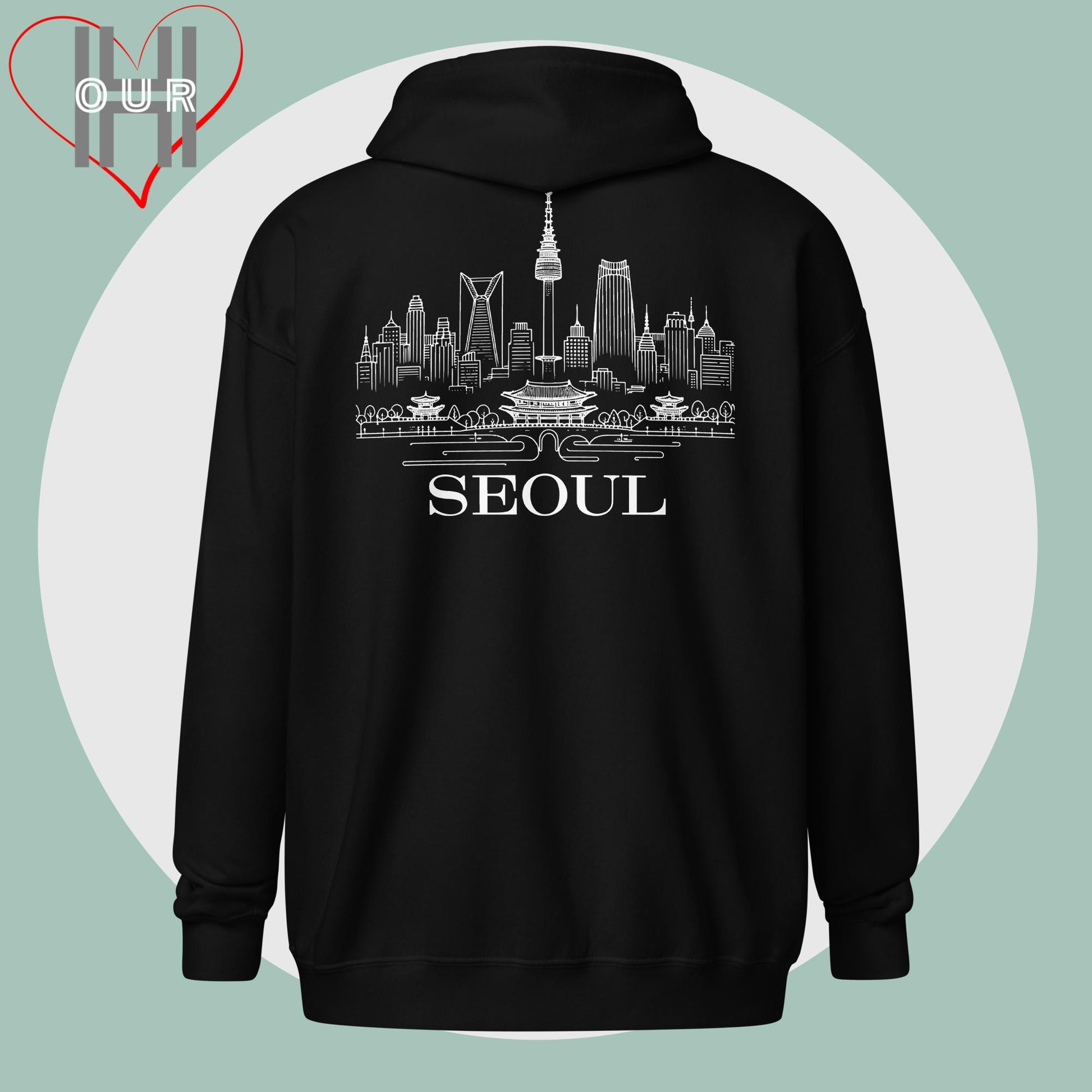 Personalized black hoodie featuring a line art design of Seoul on the back.