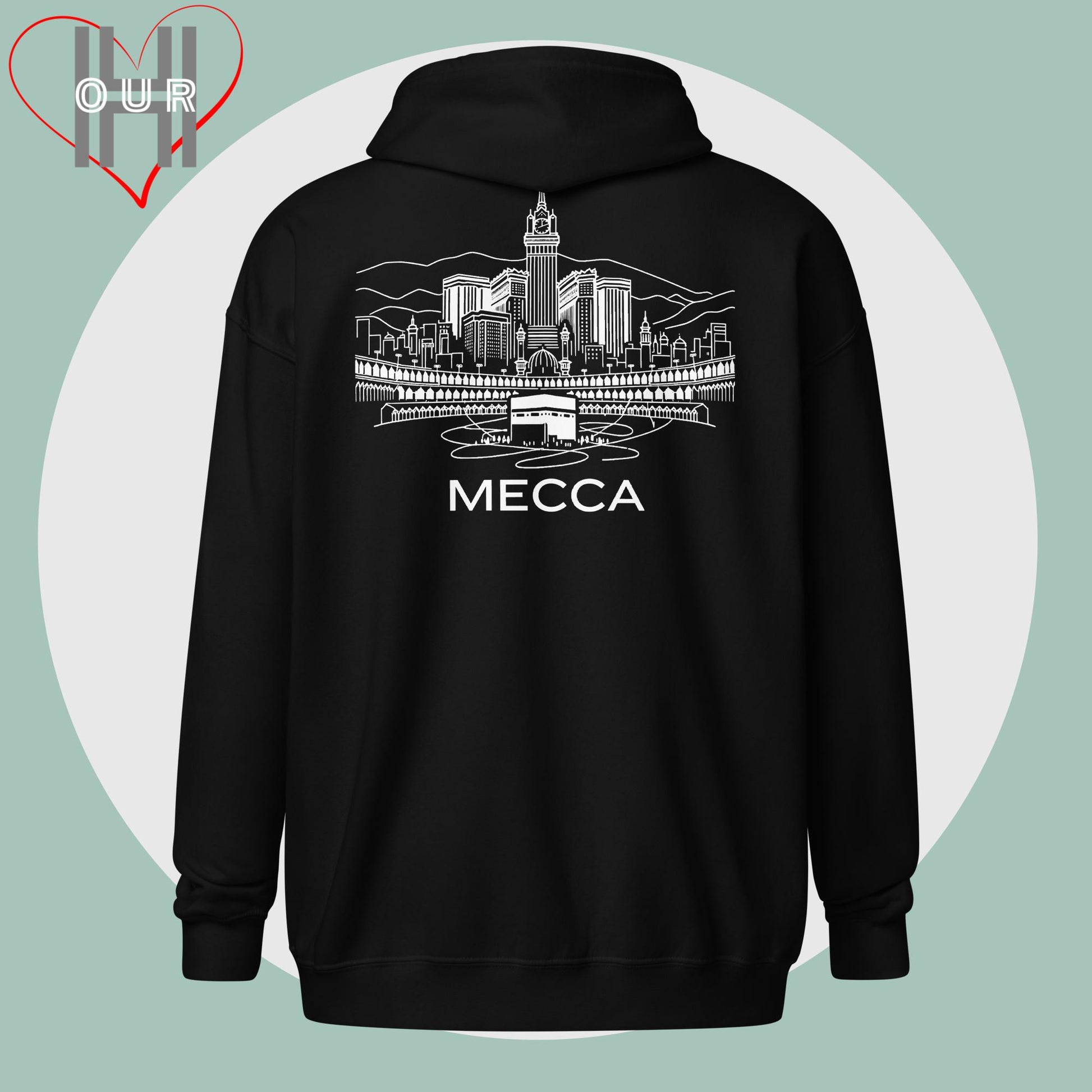 Personalized black hoodie featuring a line art design of Mecca on the back.