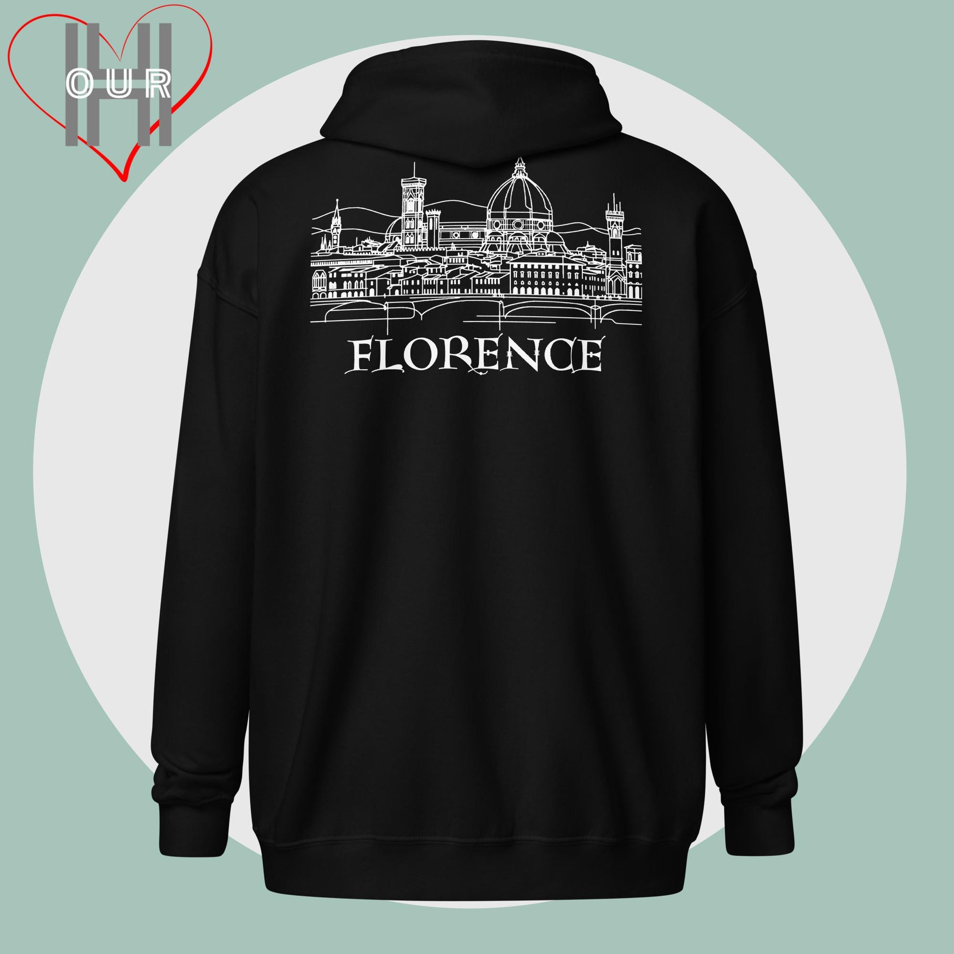 Personalized black hoodie featuring a line art design of Florence on the back.