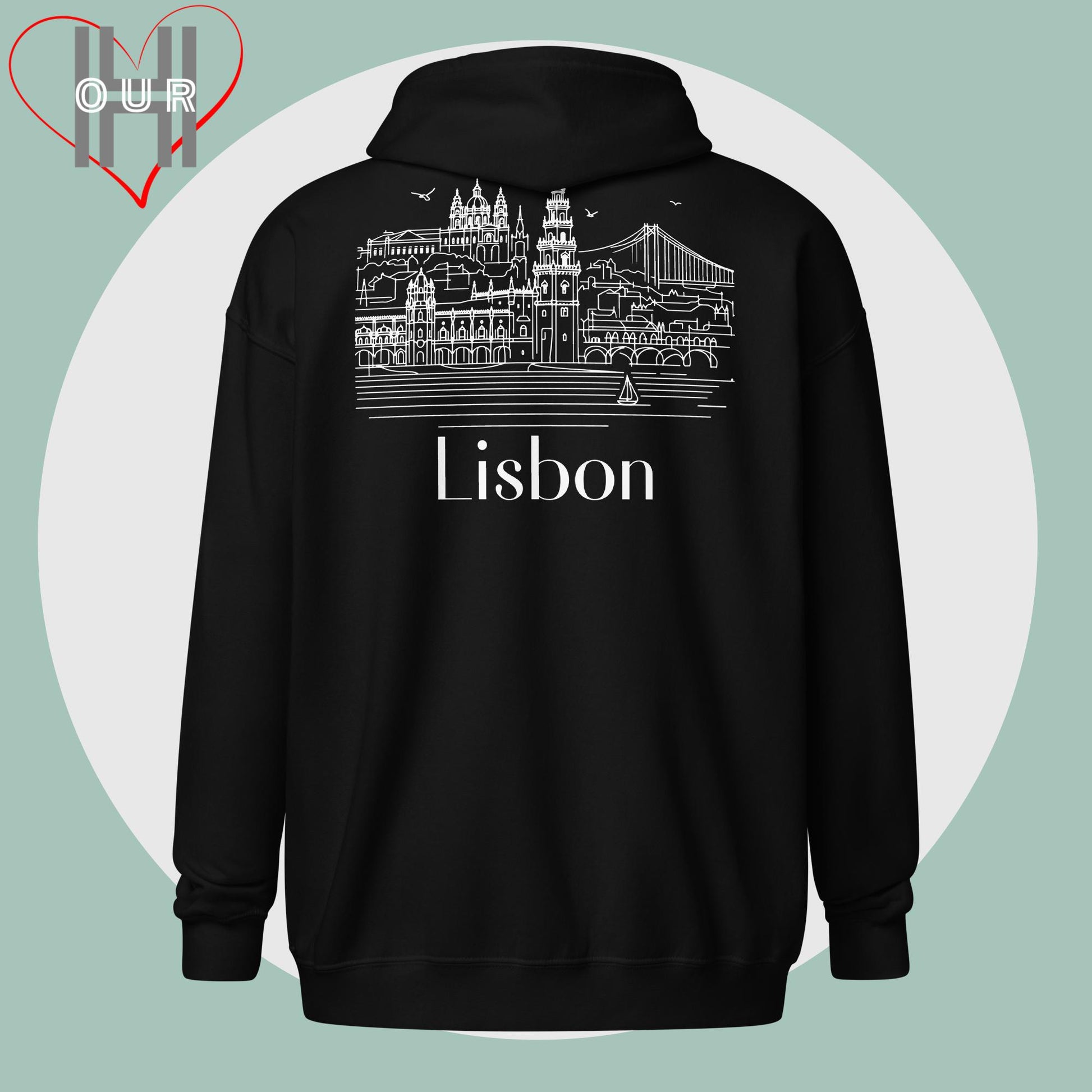 Personalized black hoodie featuring a line art design of Lisbon on the back.