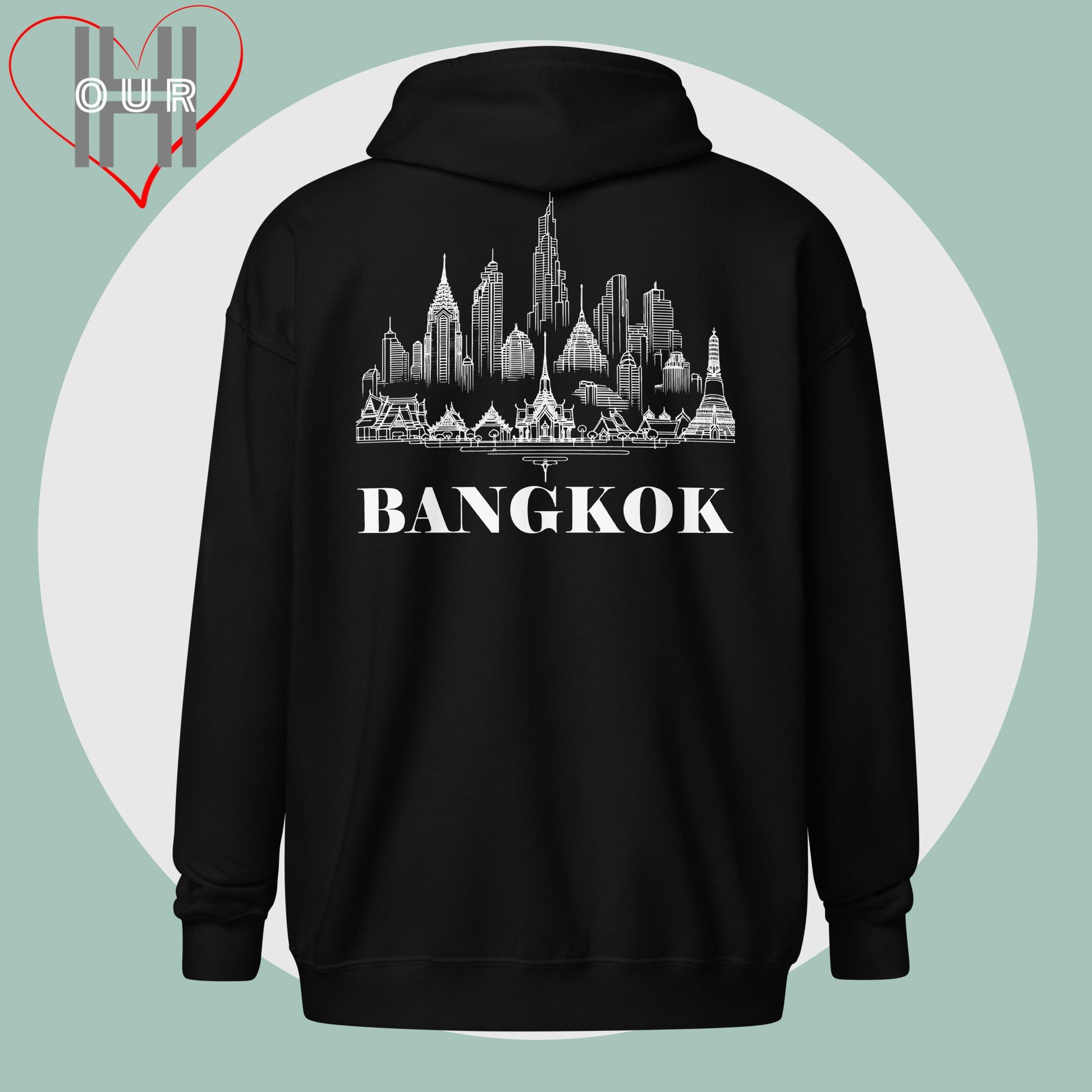 Personalized black hoodie featuring a line art design of Bangkok on the back.