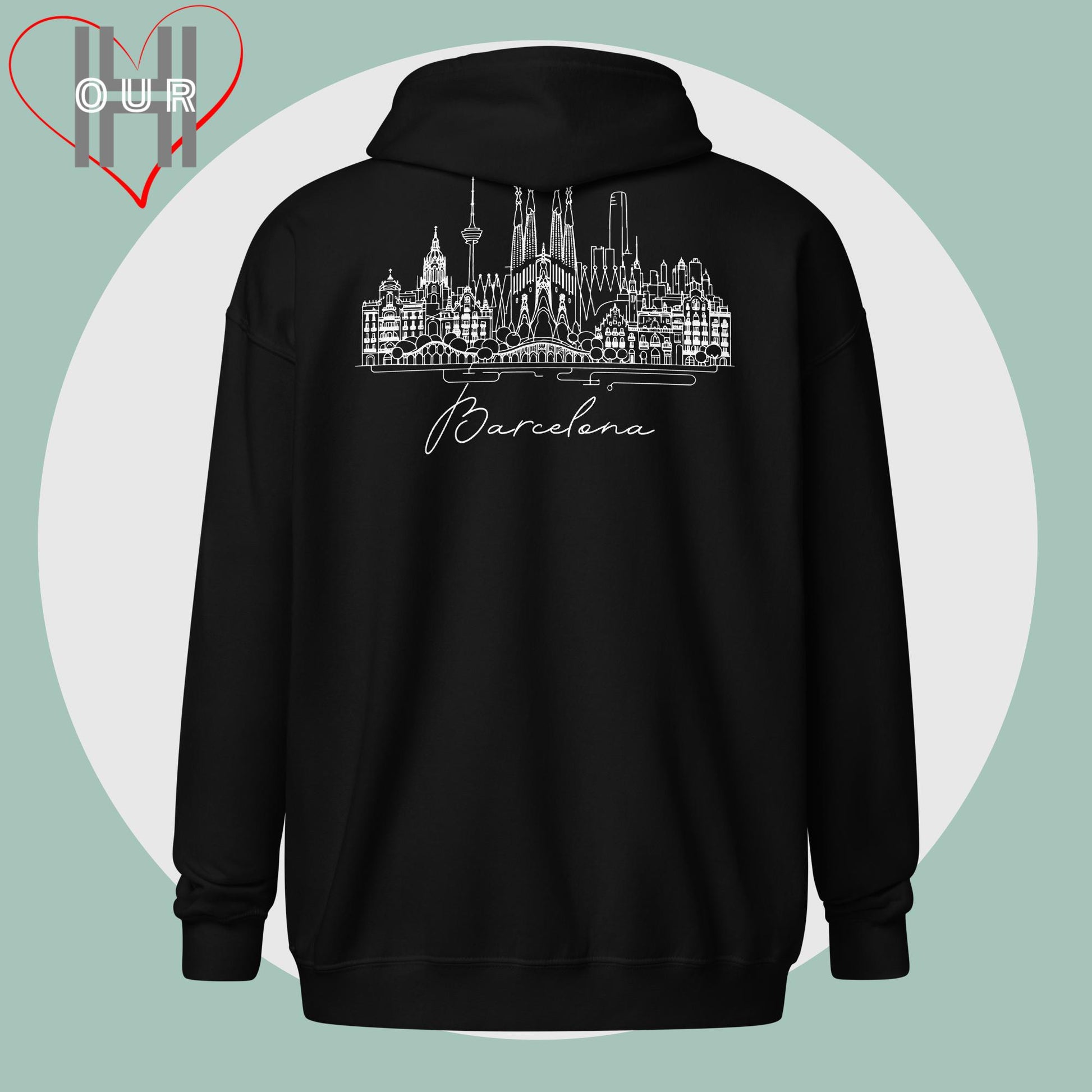 Personalized black hoodie featuring a line art design of Barcelona on the back.