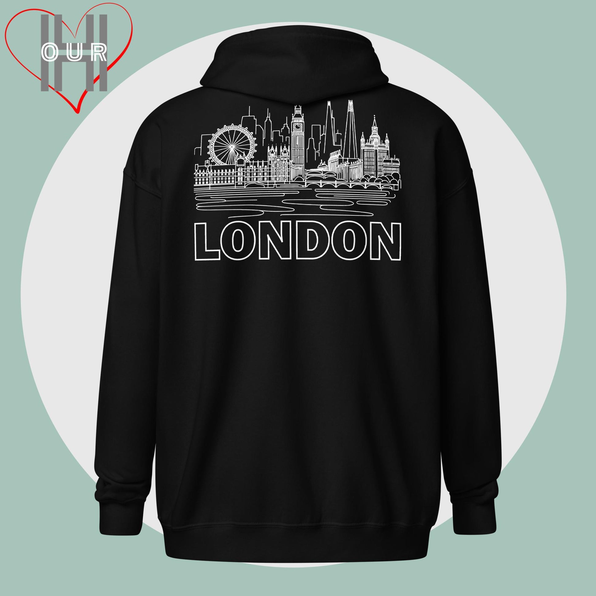 Personalized black hoodie featuring a line art design of London on the back.