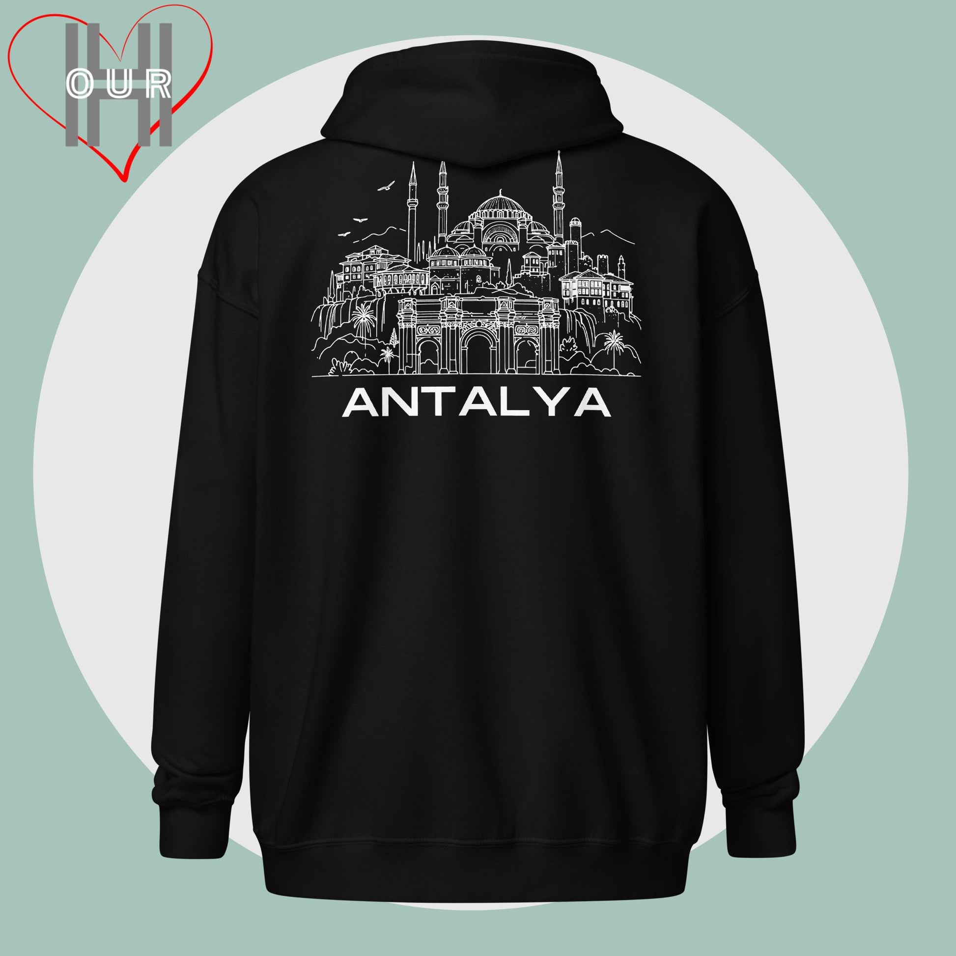 Personalized black hoodie featuring a line art design of Antalya on the back.