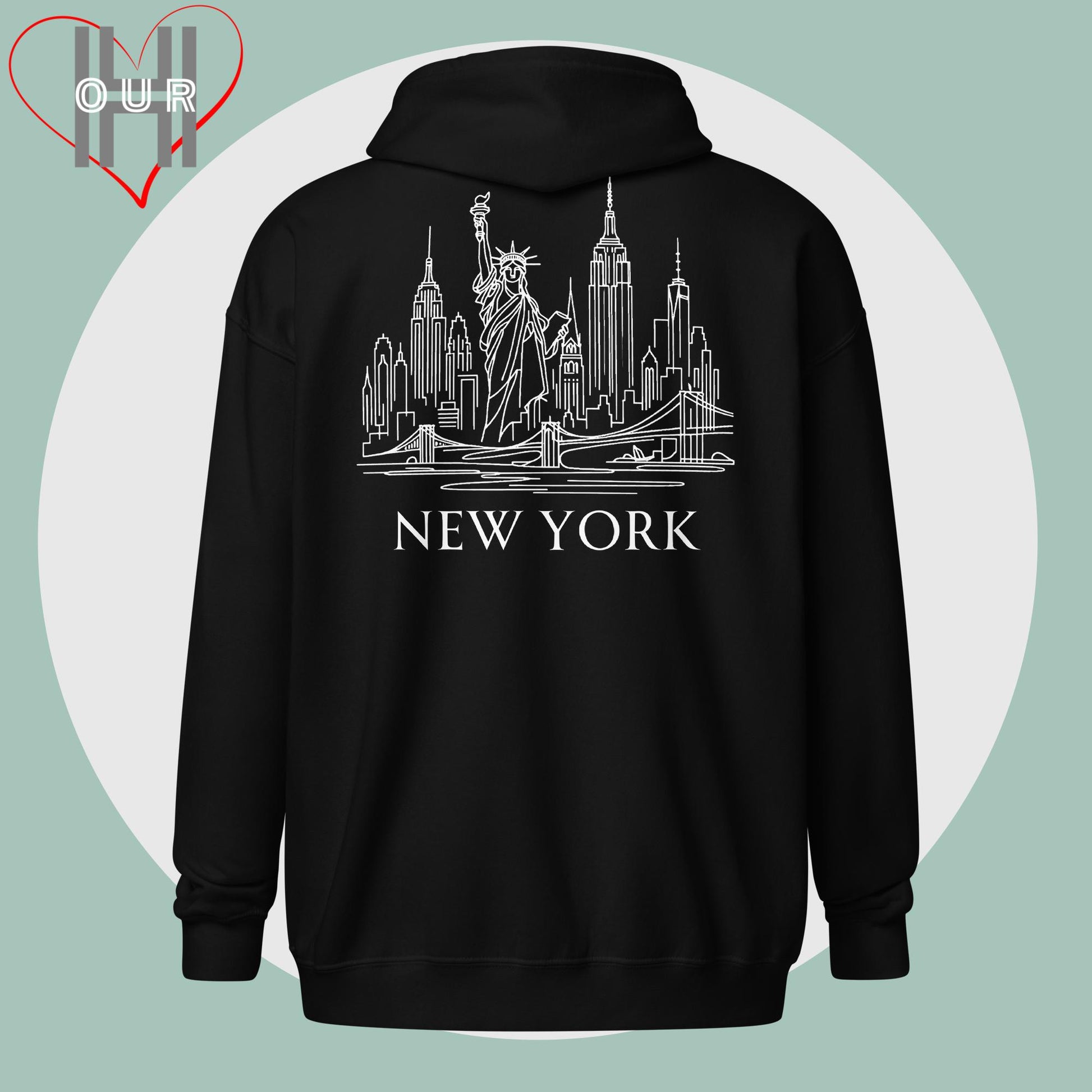 Personalized black hoodie featuring a line art design of New York on the back.