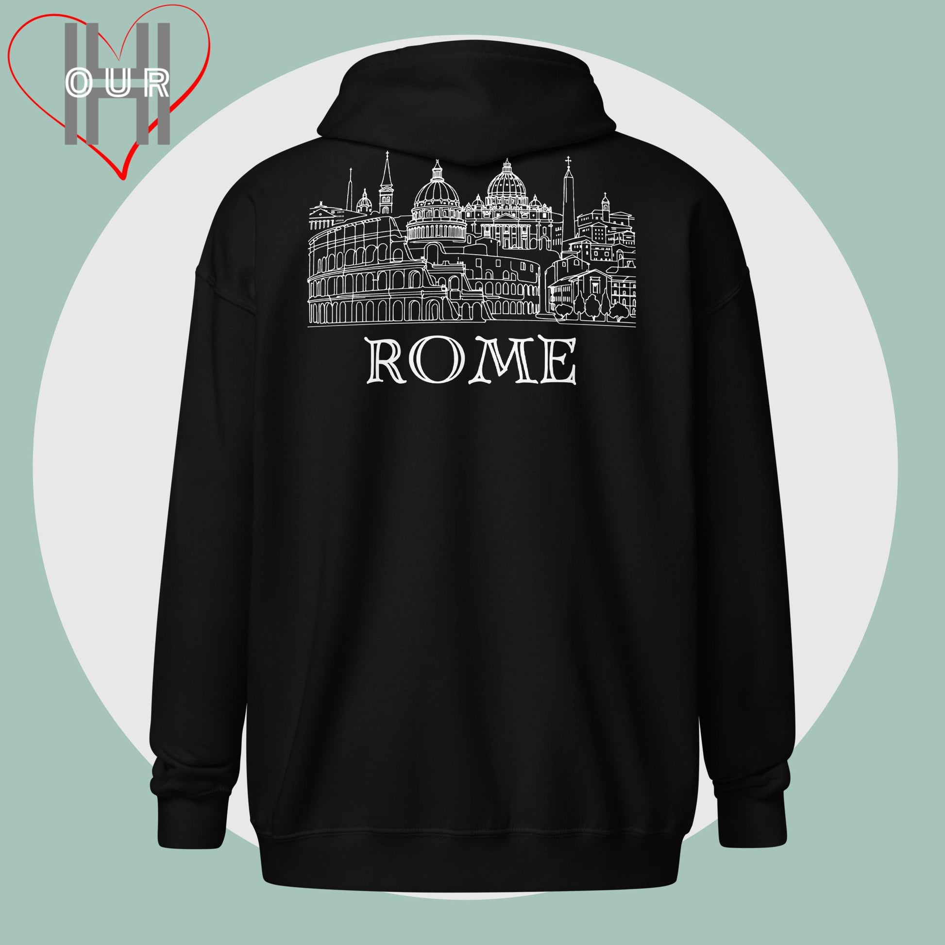 Personalized black hoodie featuring a line art design of Rome on the back.