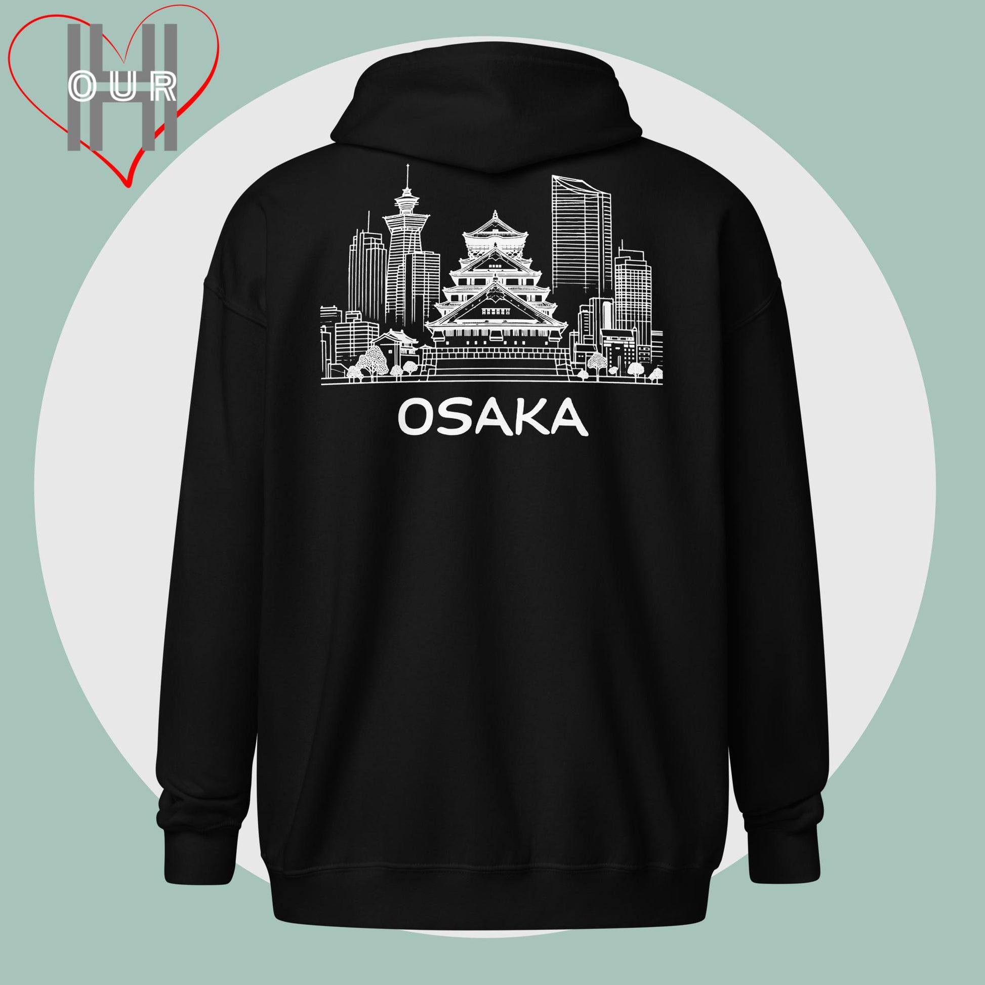 Personalized black hoodie featuring a line art design of Osaka on the back.