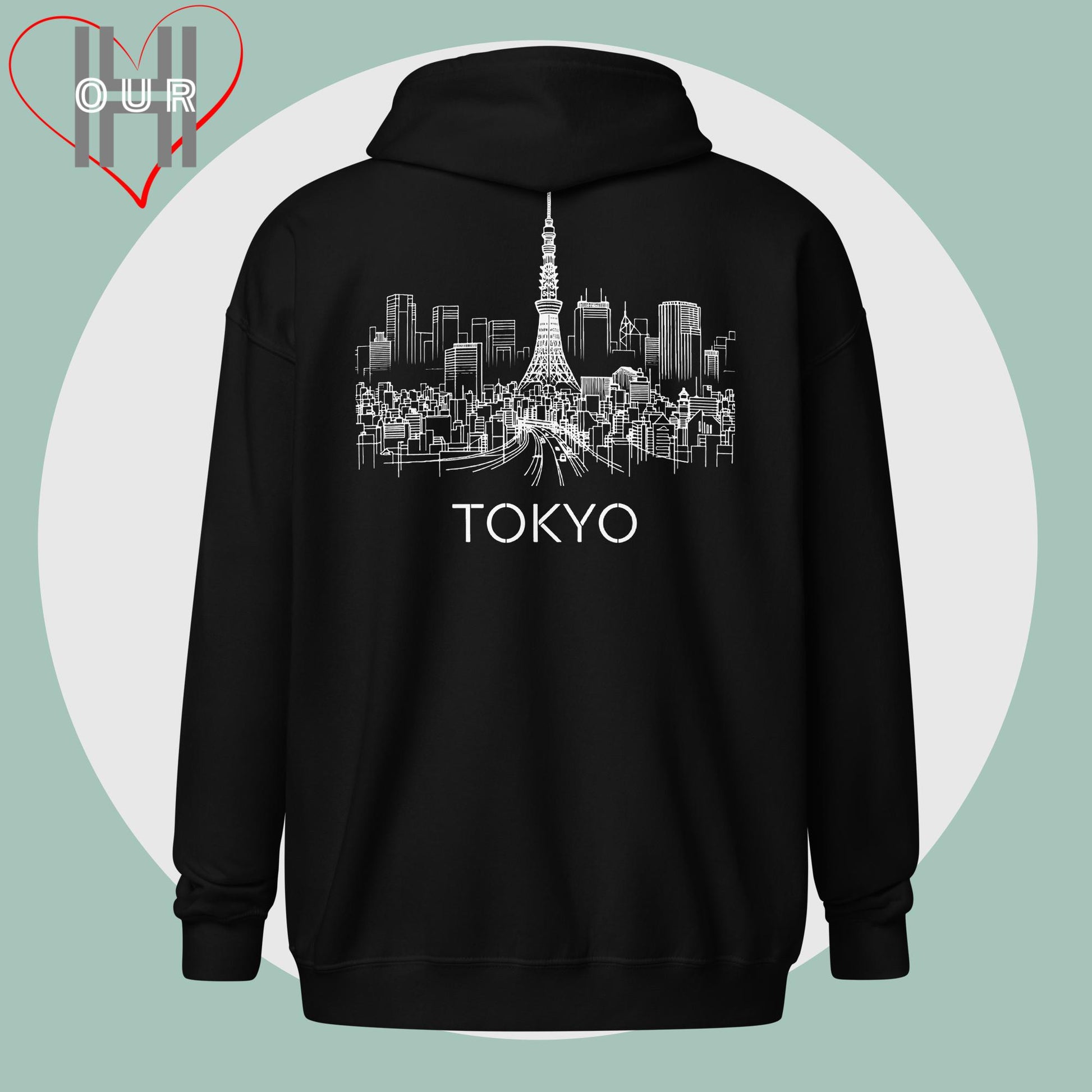 Personalized black hoodie featuring a line art design of Tokyo on the back.