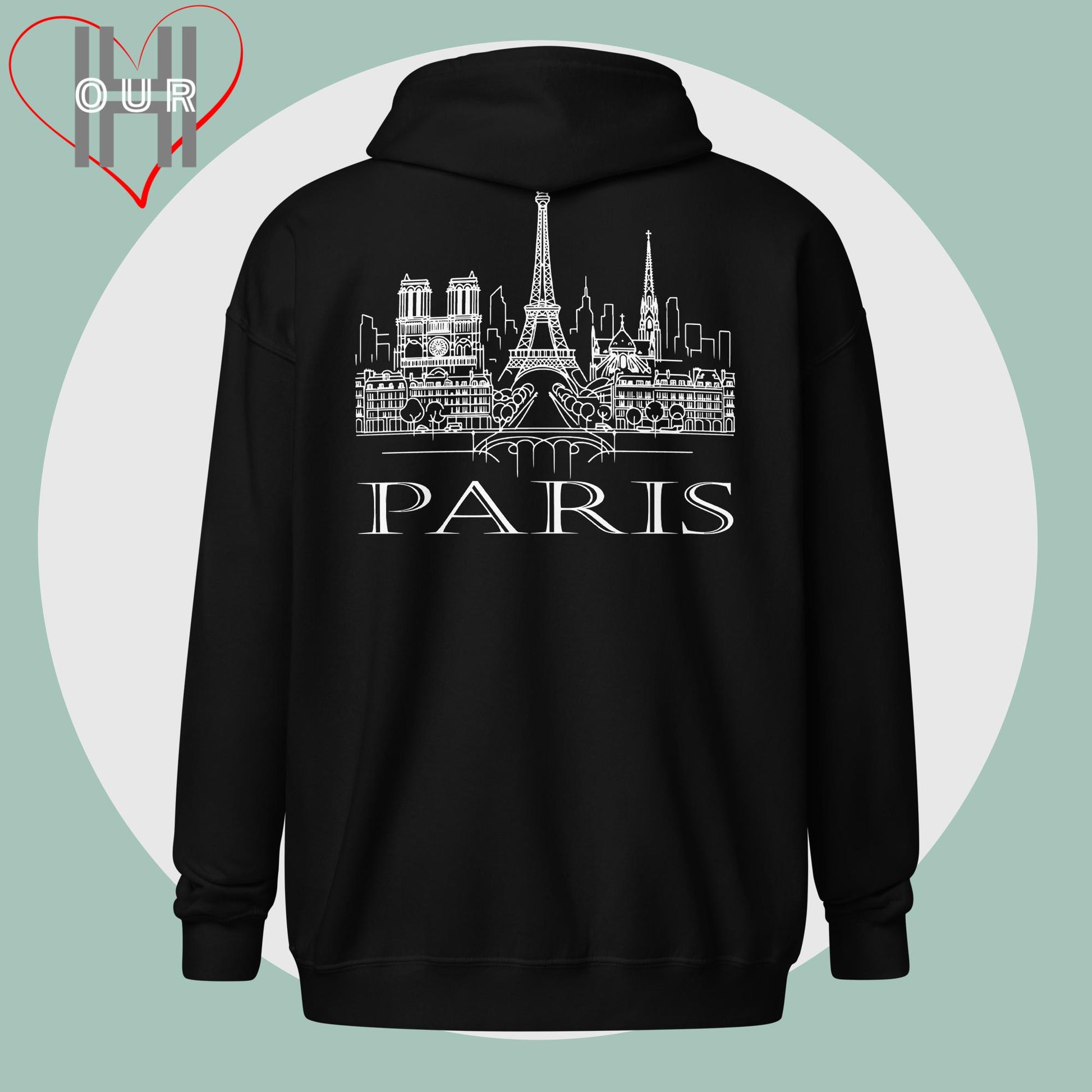 Personalized black hoodie featuring a line art design of Paris on the back.