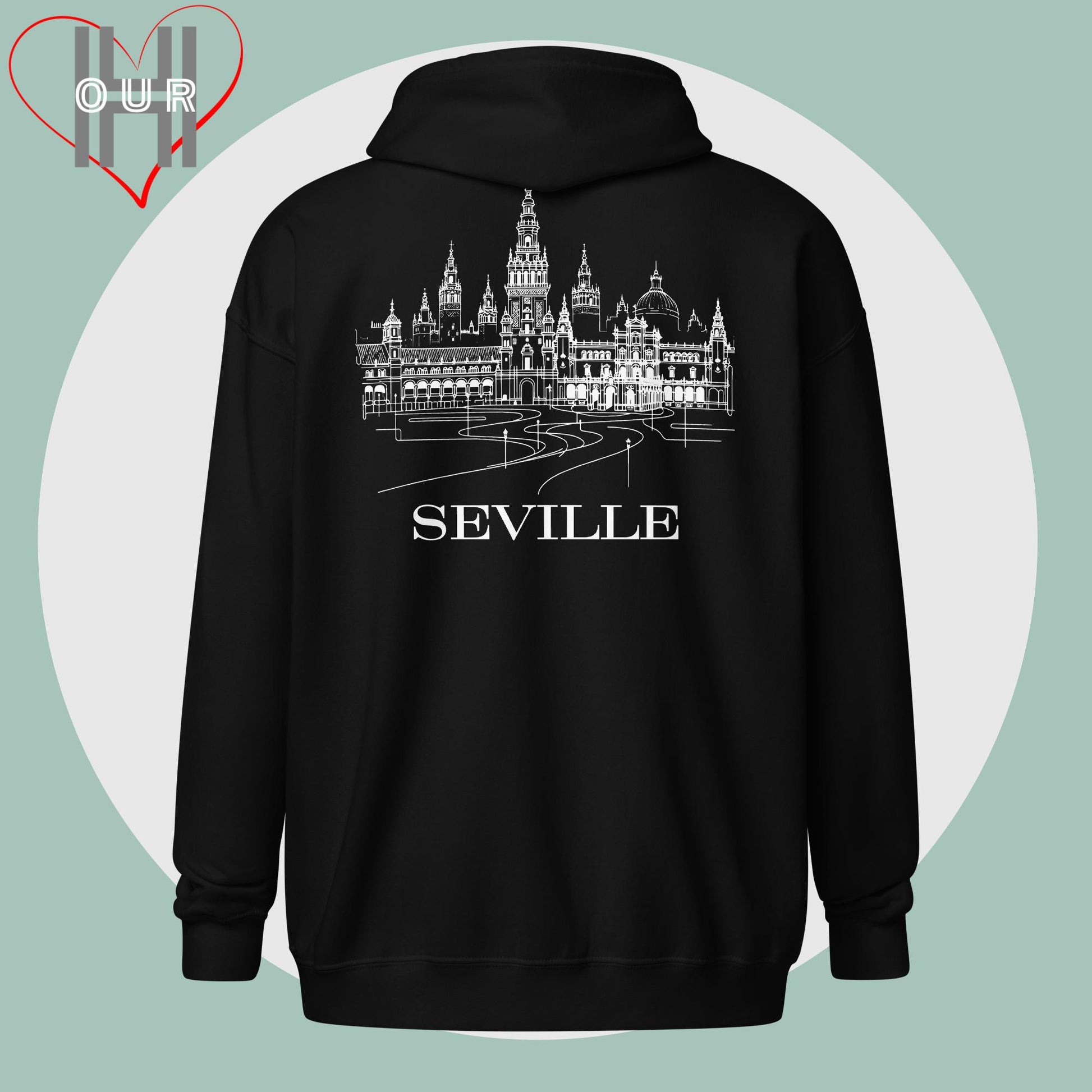 Personalized black hoodie featuring a line art design of Seville on the back.