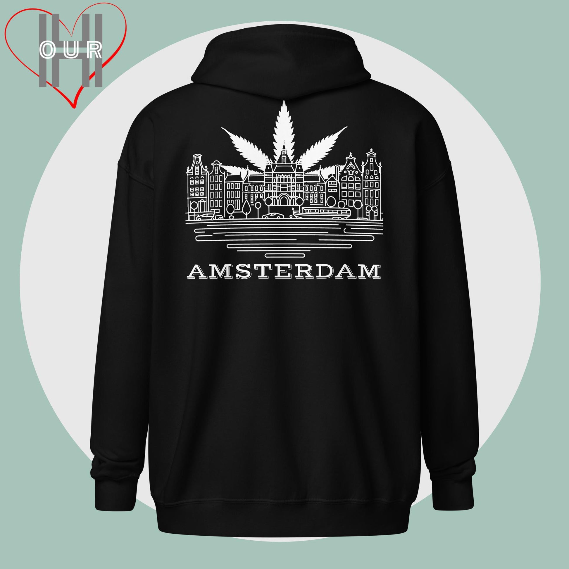 Personalized black hoodie featuring a line art design of Amsterdam on the back.