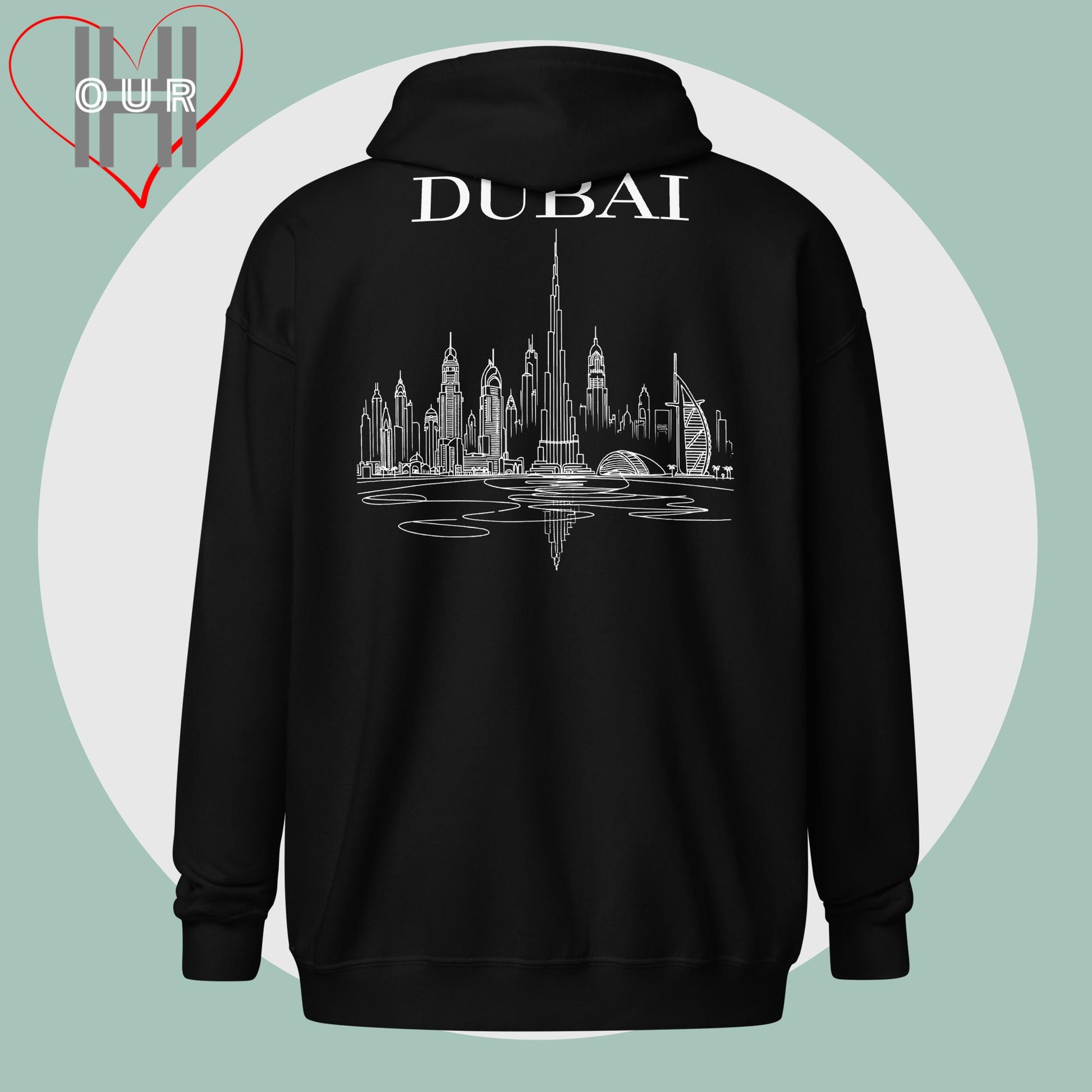 Personalized black hoodie featuring a line art design of Dubai on the back.