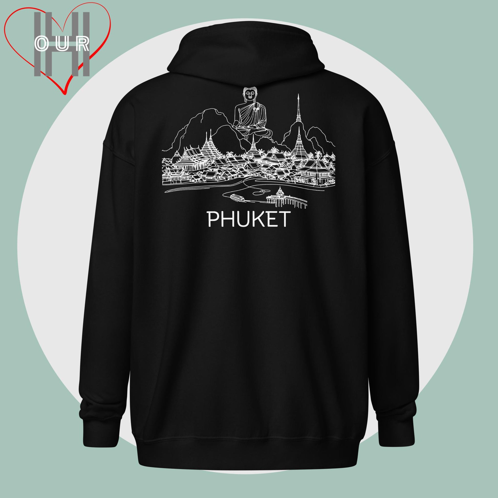 Personalized black hoodie featuring a line art design of Phuket on the back.