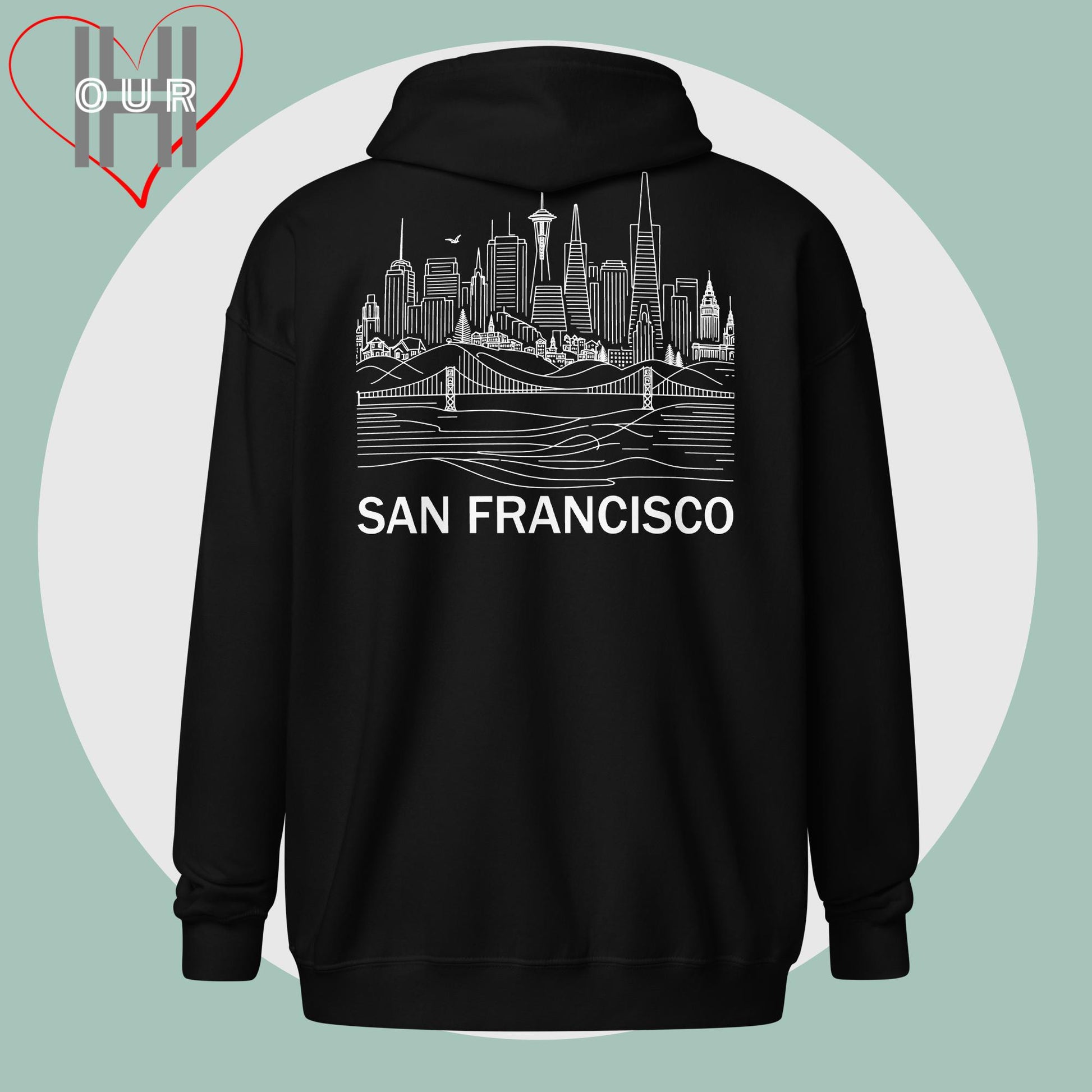 Personalized black hoodie featuring a line art design of San Francisco on the back.