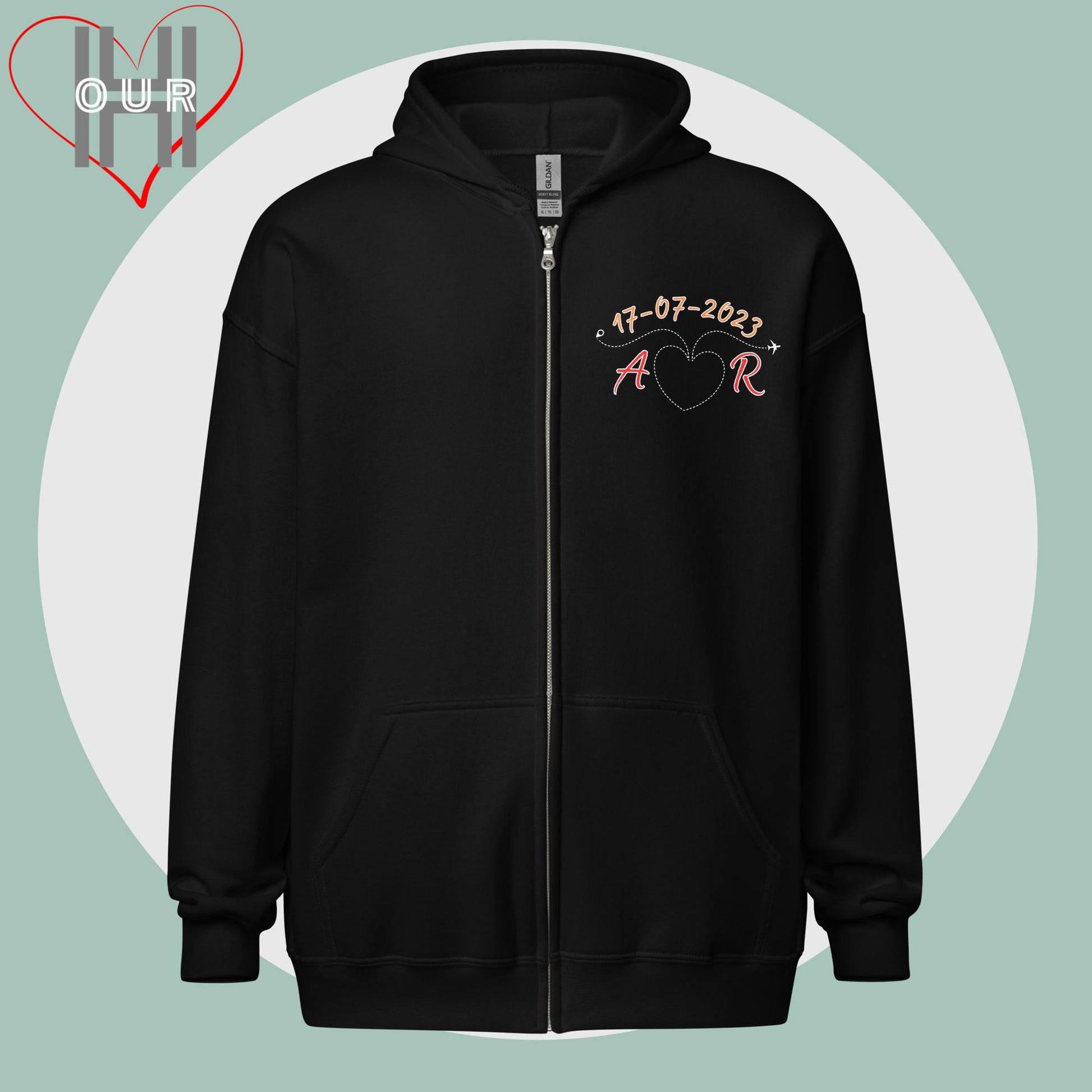 Custom black hoodie with personalized initials and travel date for Seoul.