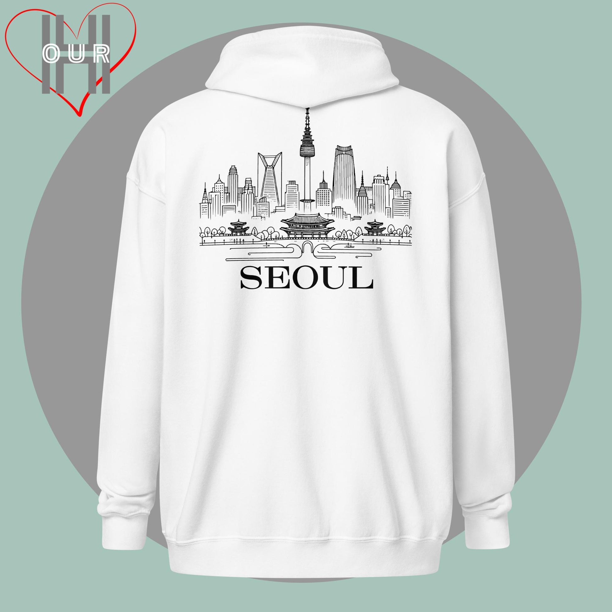 Personalized white hoodie featuring a line art design of Seoul on the back.