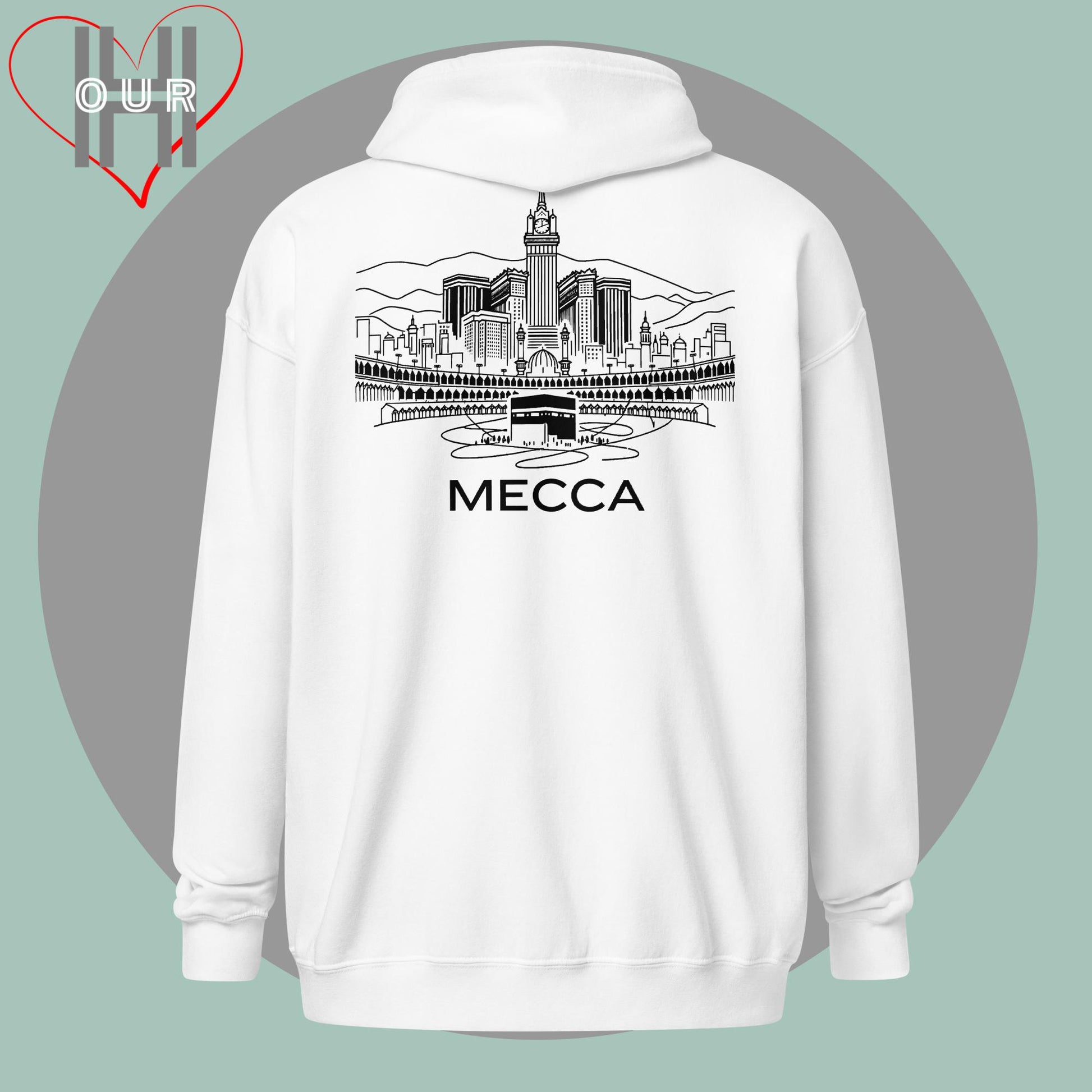 Personalized white hoodie featuring a line art design of Mecca on the back.