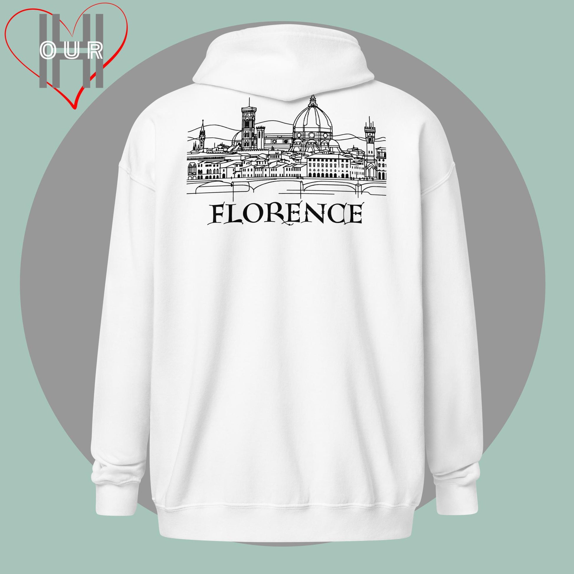 Personalized white hoodie featuring a line art design of Florence on the back.