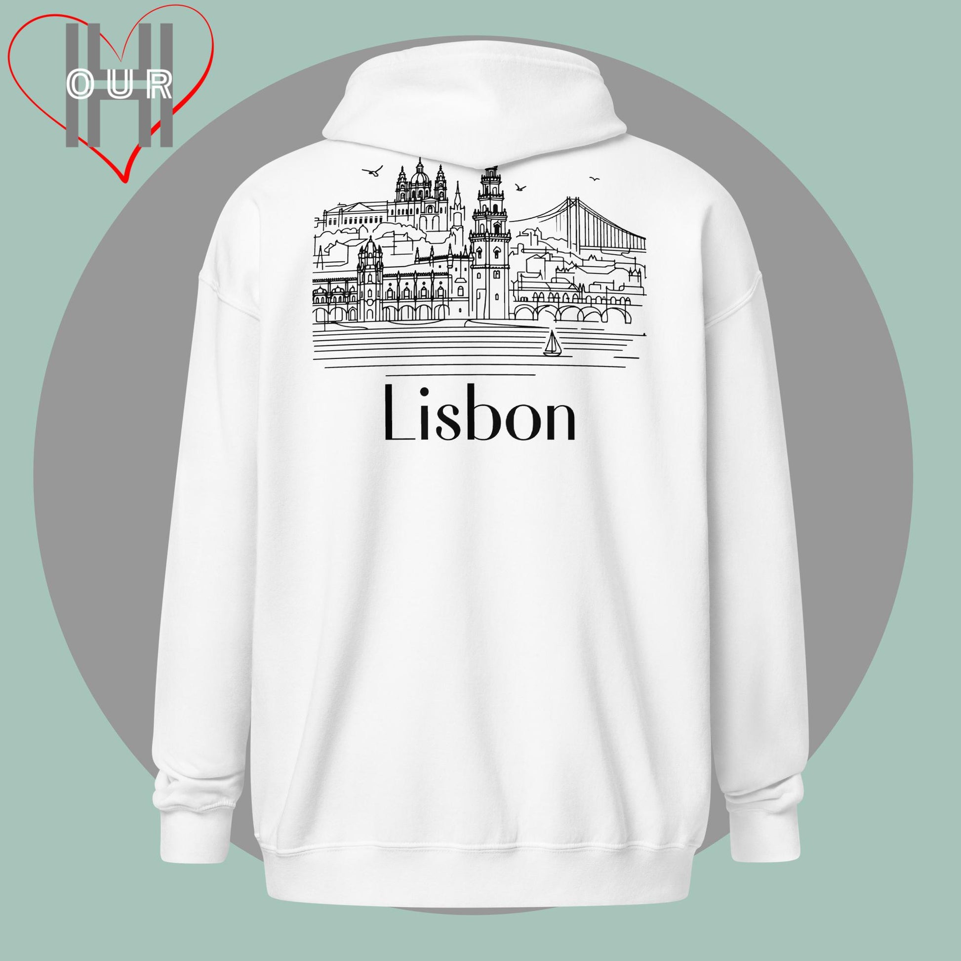 Personalized white hoodie featuring a line art design of Lisbon on the back.