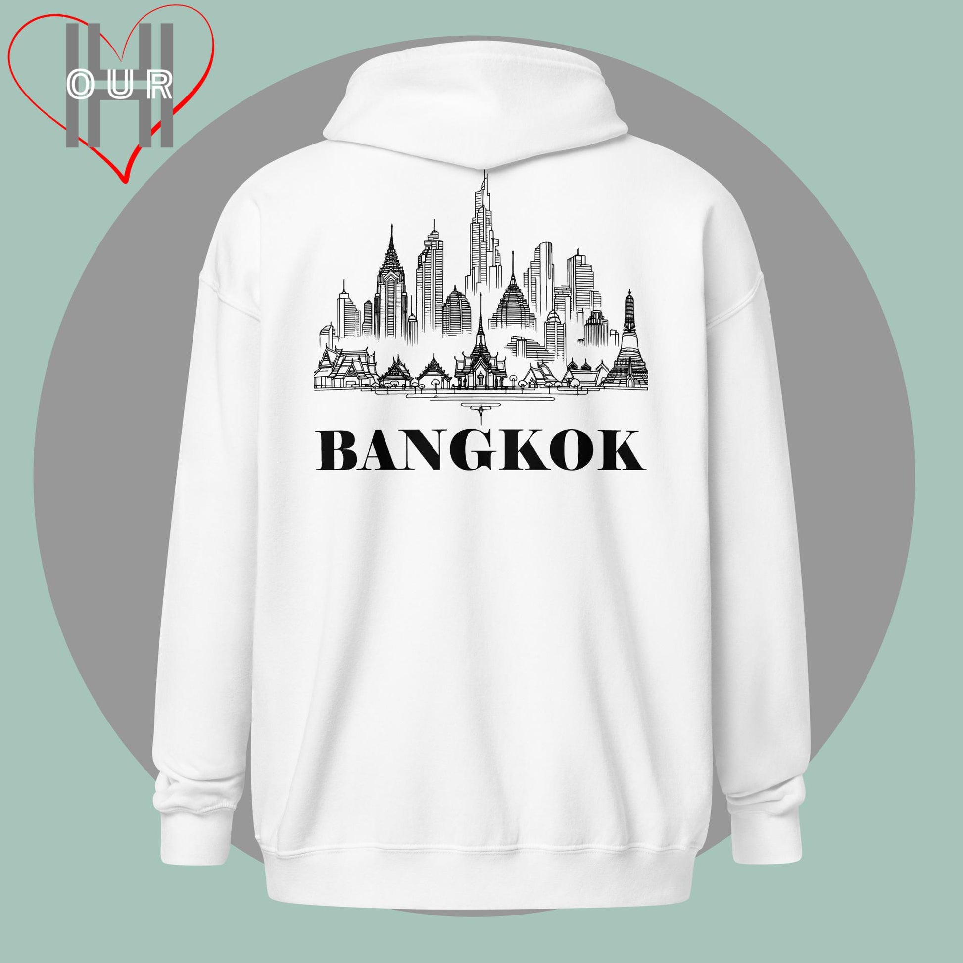 Personalized white hoodie featuring a line art design of Bangkok on the back.