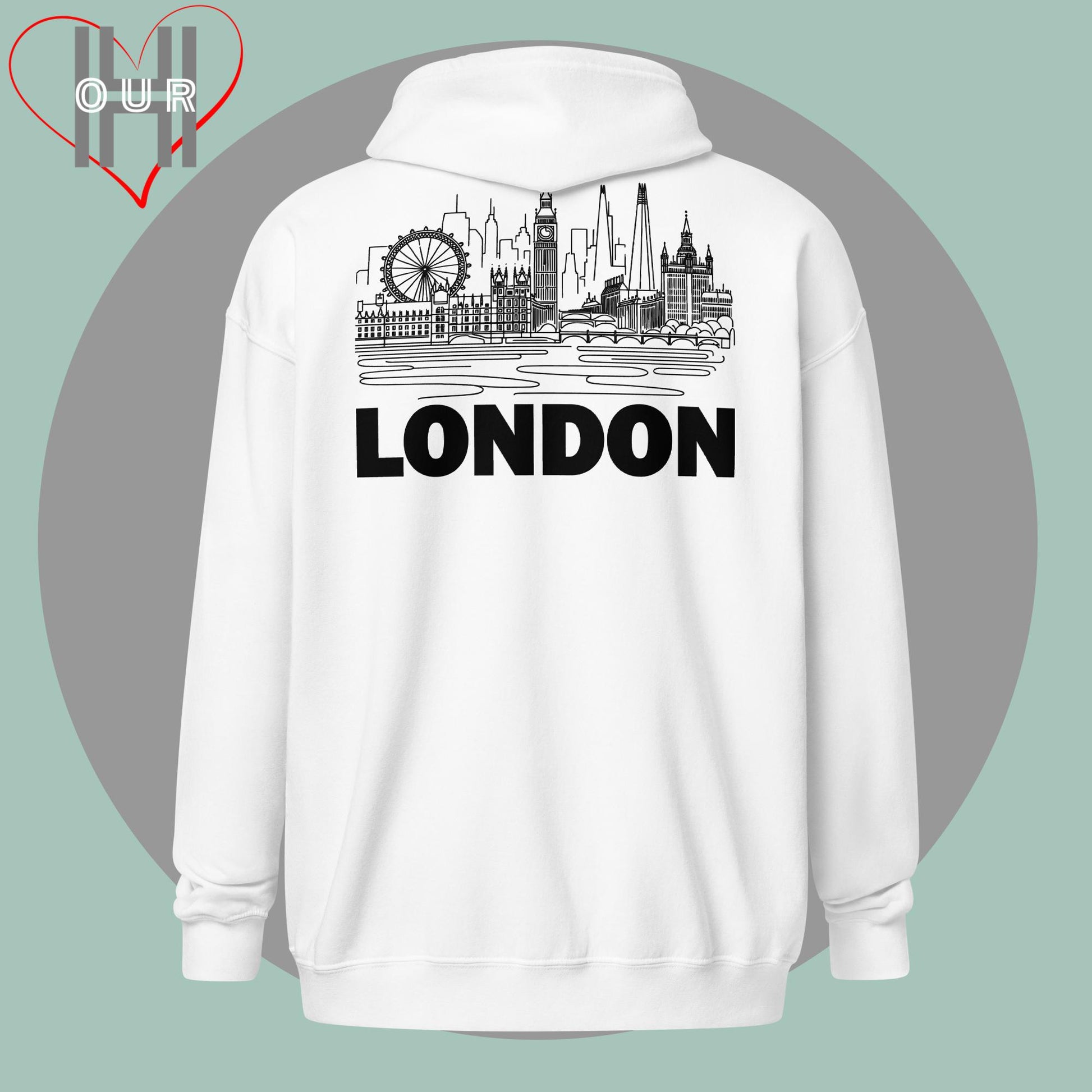 Personalized white hoodie featuring a line art design of London on the back.