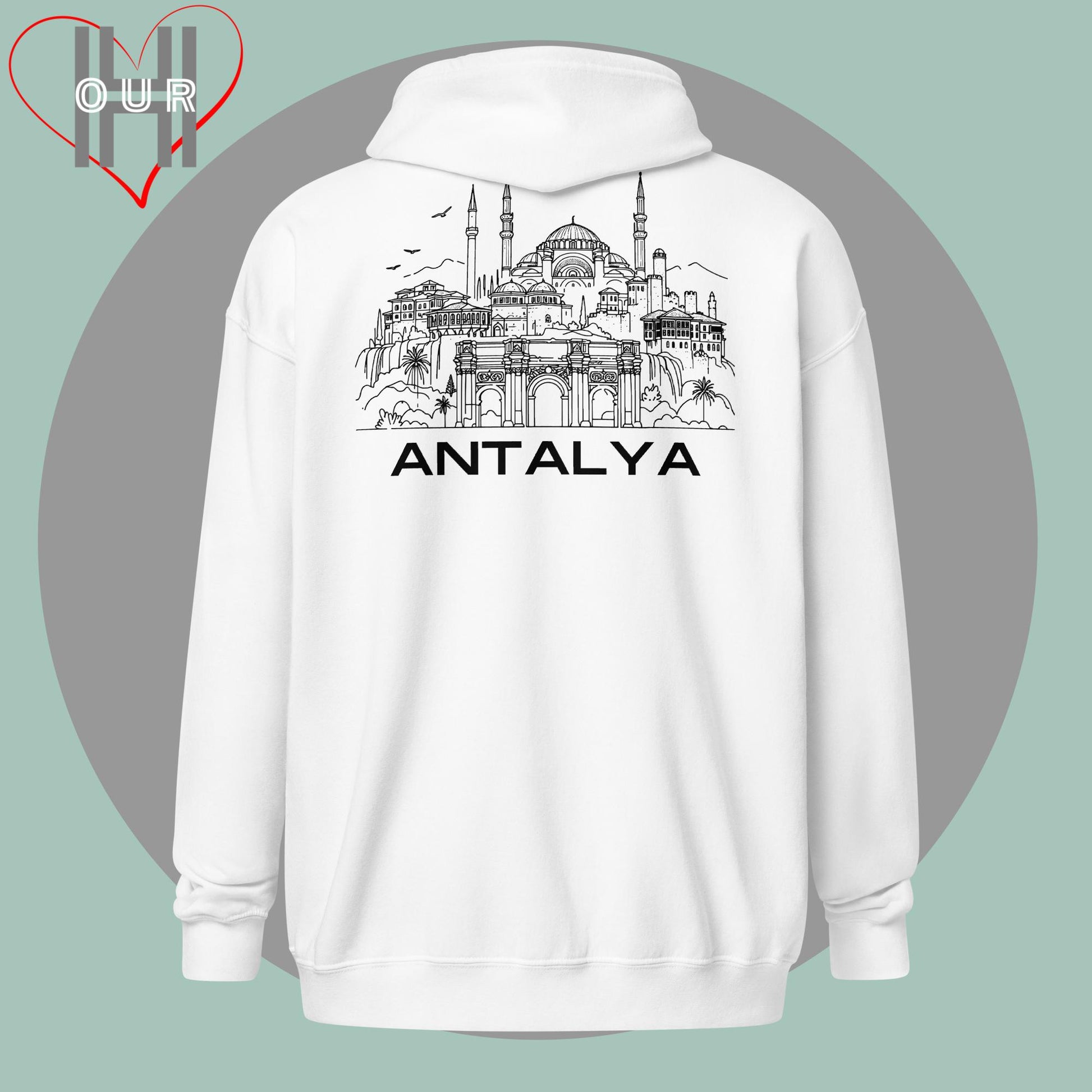 Personalized white hoodie featuring a line art design of Antalya on the back.