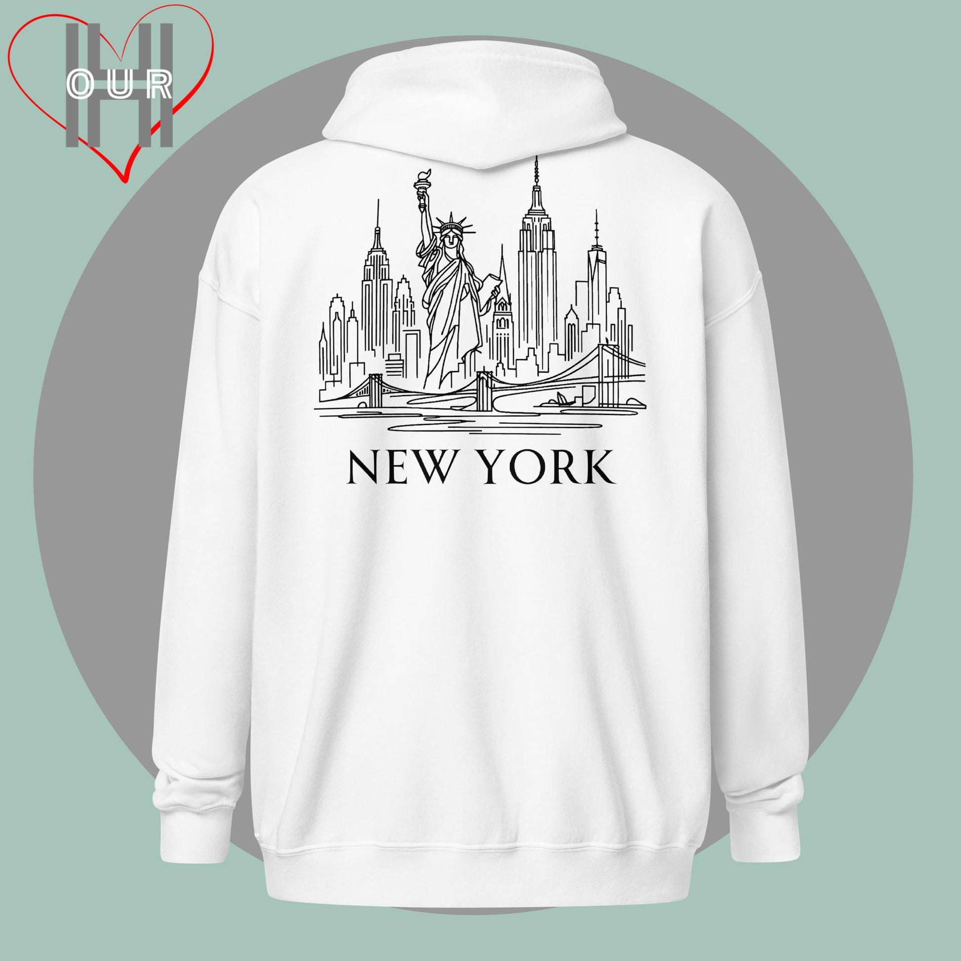 Personalized white hoodie featuring a line art design of New York on the back.