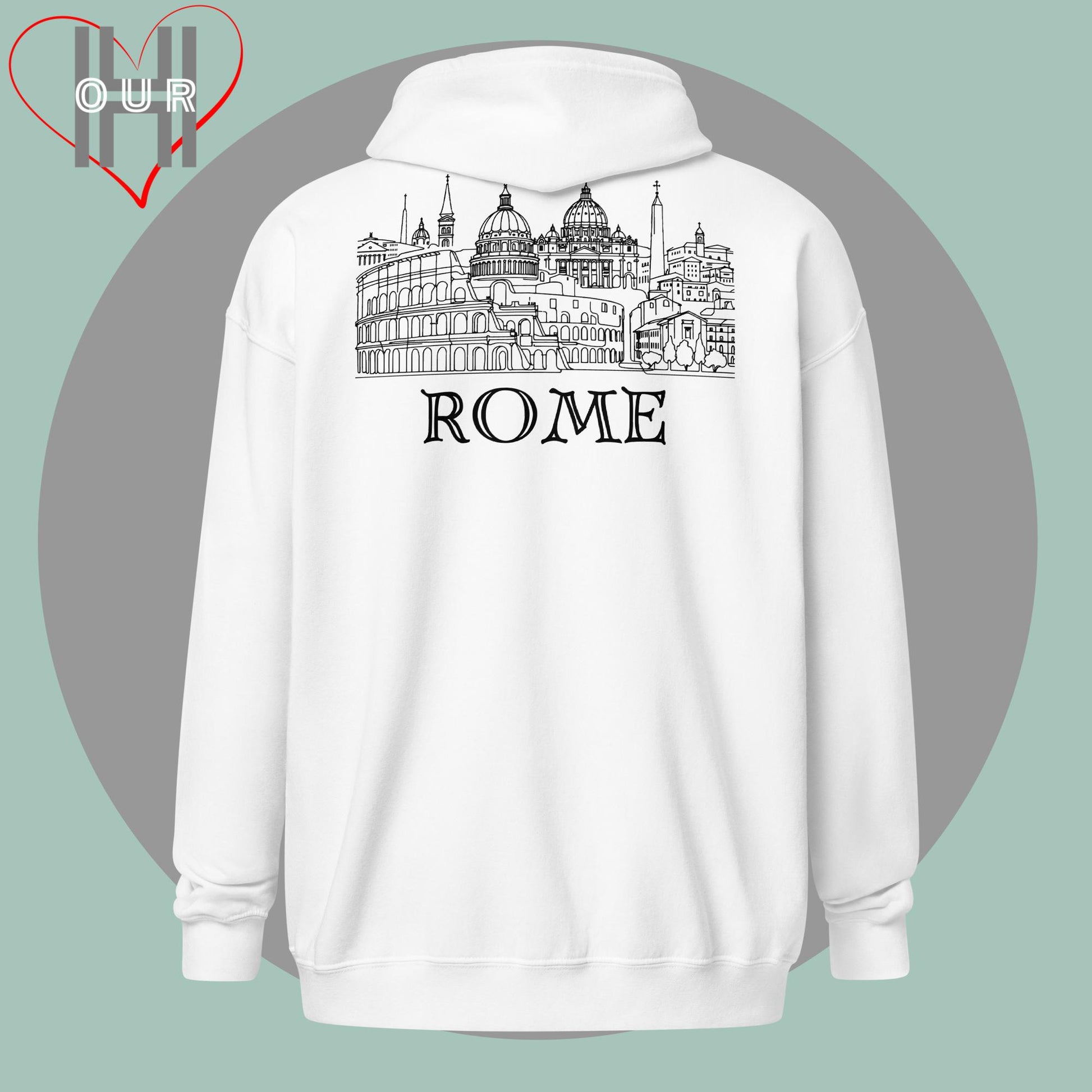 Personalized white hoodie featuring a line art design of Rome on the back.