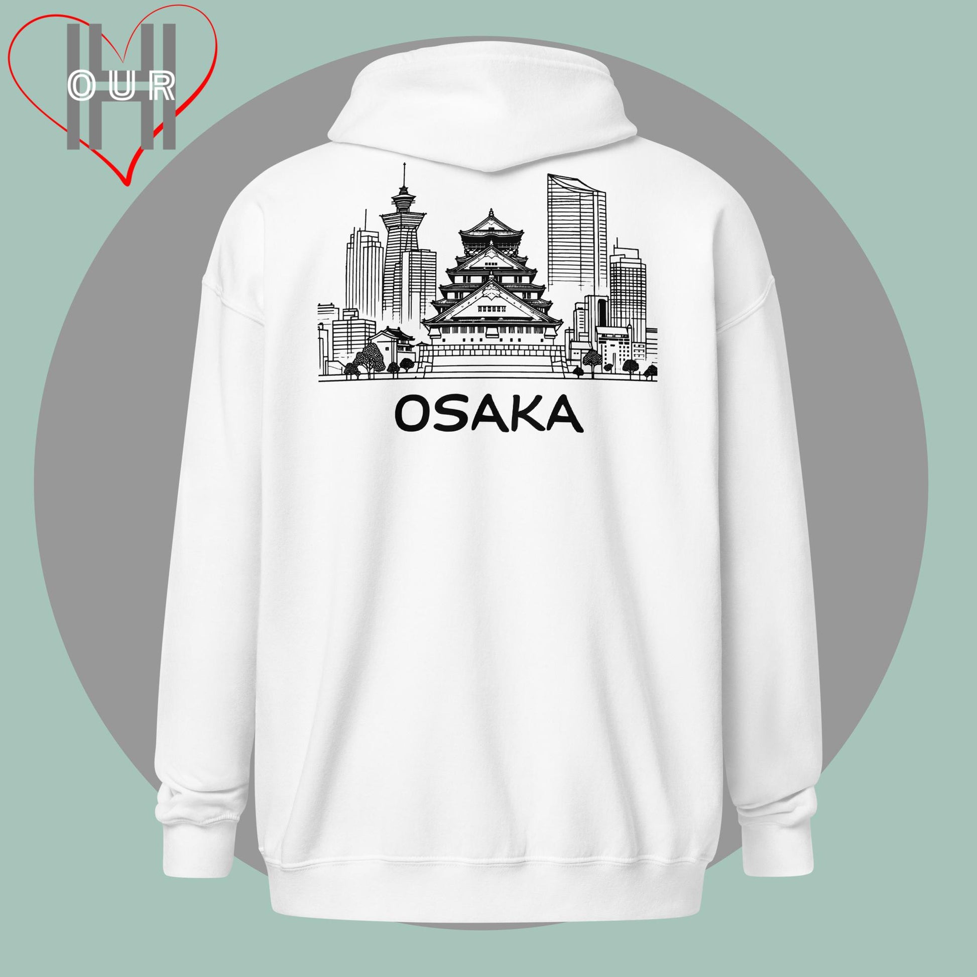 Personalized white hoodie featuring a line art design of Osaka on the back.