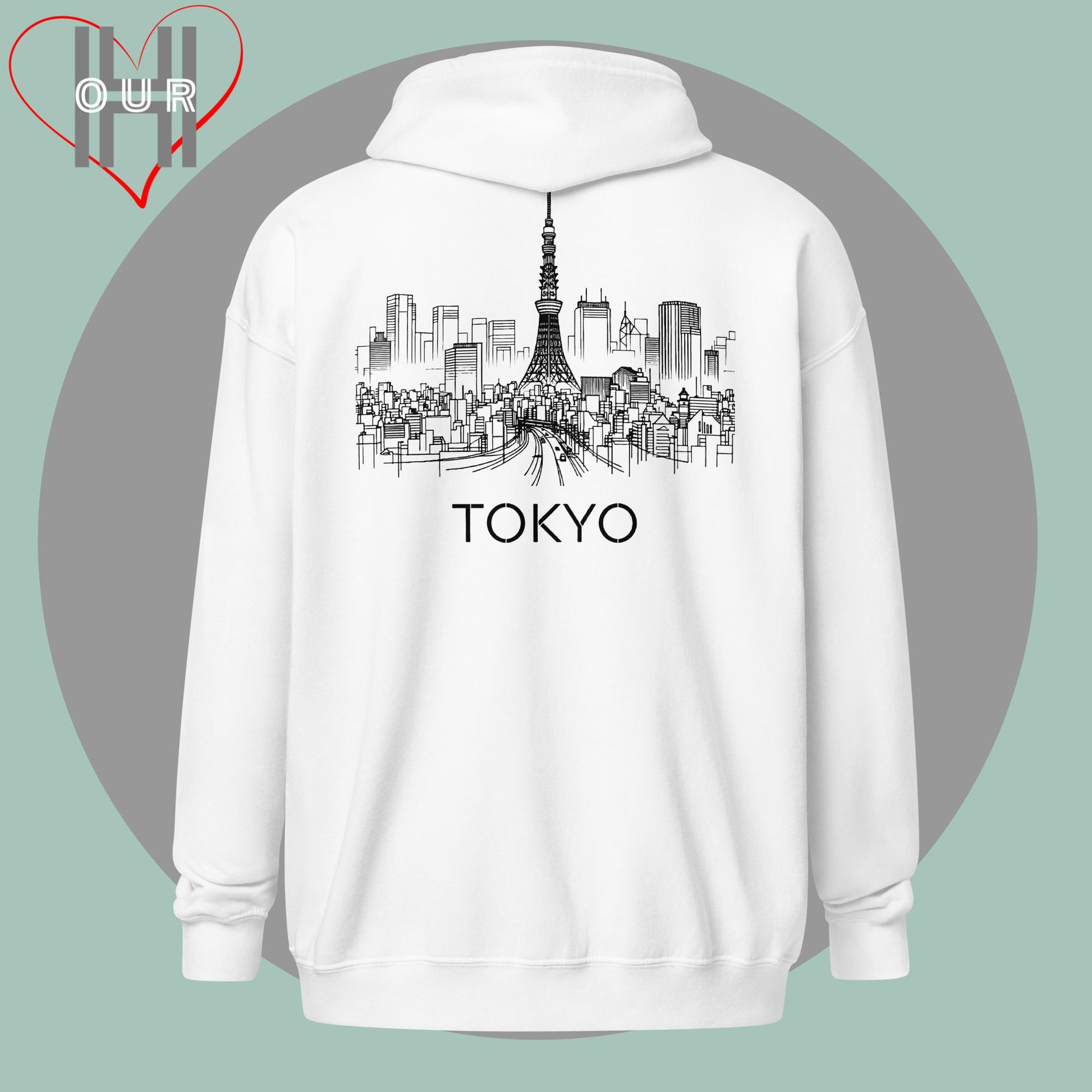 Personalized white hoodie featuring a line art design of Tokyo on the back.