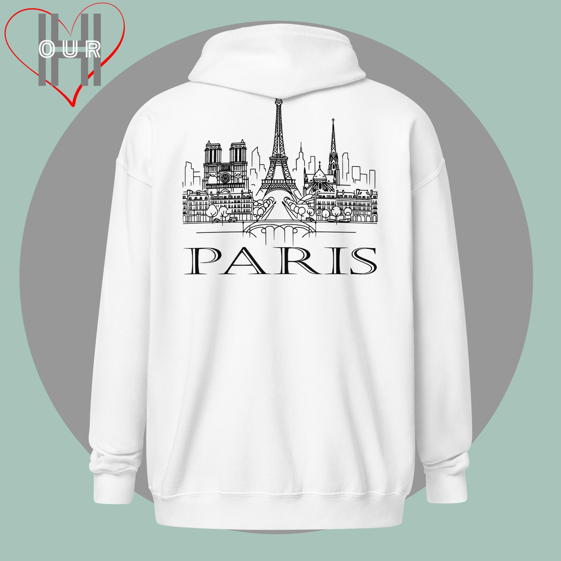 Personalized white hoodie featuring a line art design of Paris on the back.