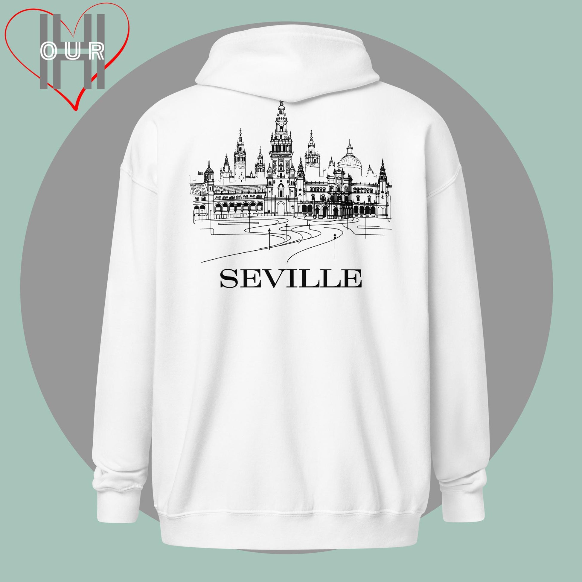 Personalized white hoodie featuring a line art design of Seville on the back.