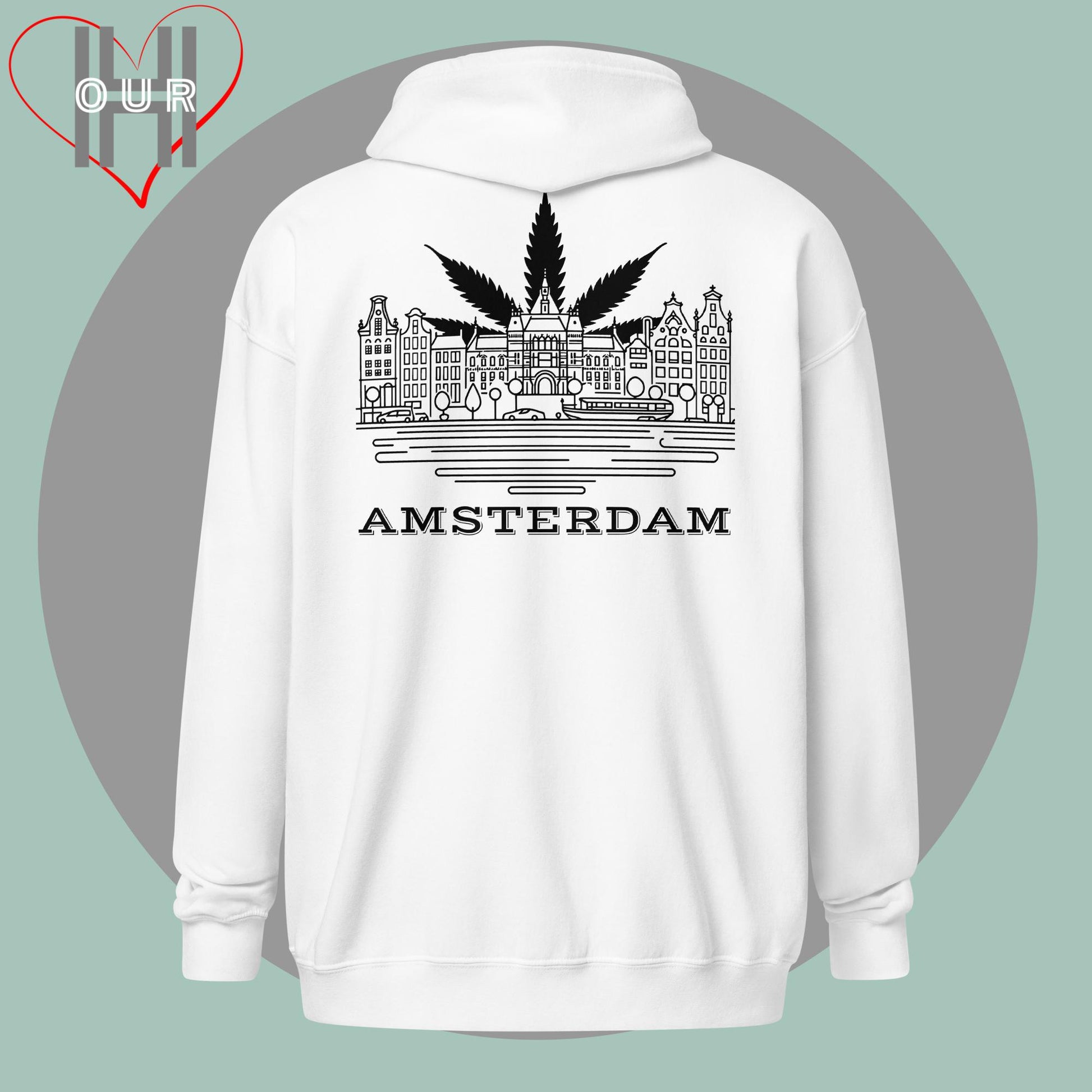 Personalized white hoodie featuring a line art design of Amsterdam on the back.